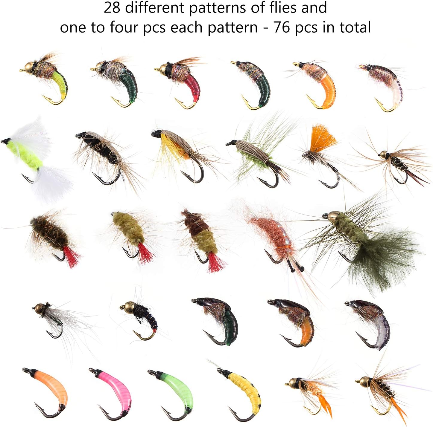 BASSDASH Fly Fishing Flies Kit Fly Assortment Trout Bass Fishing with Fly Box, 36/64/72/76/80/96Pcs with Dry/Wet Flies, Nymphs, Streamers, Popper - 57 Pcs Assorted Steelhead/Salmon/Trout Flies image number 4