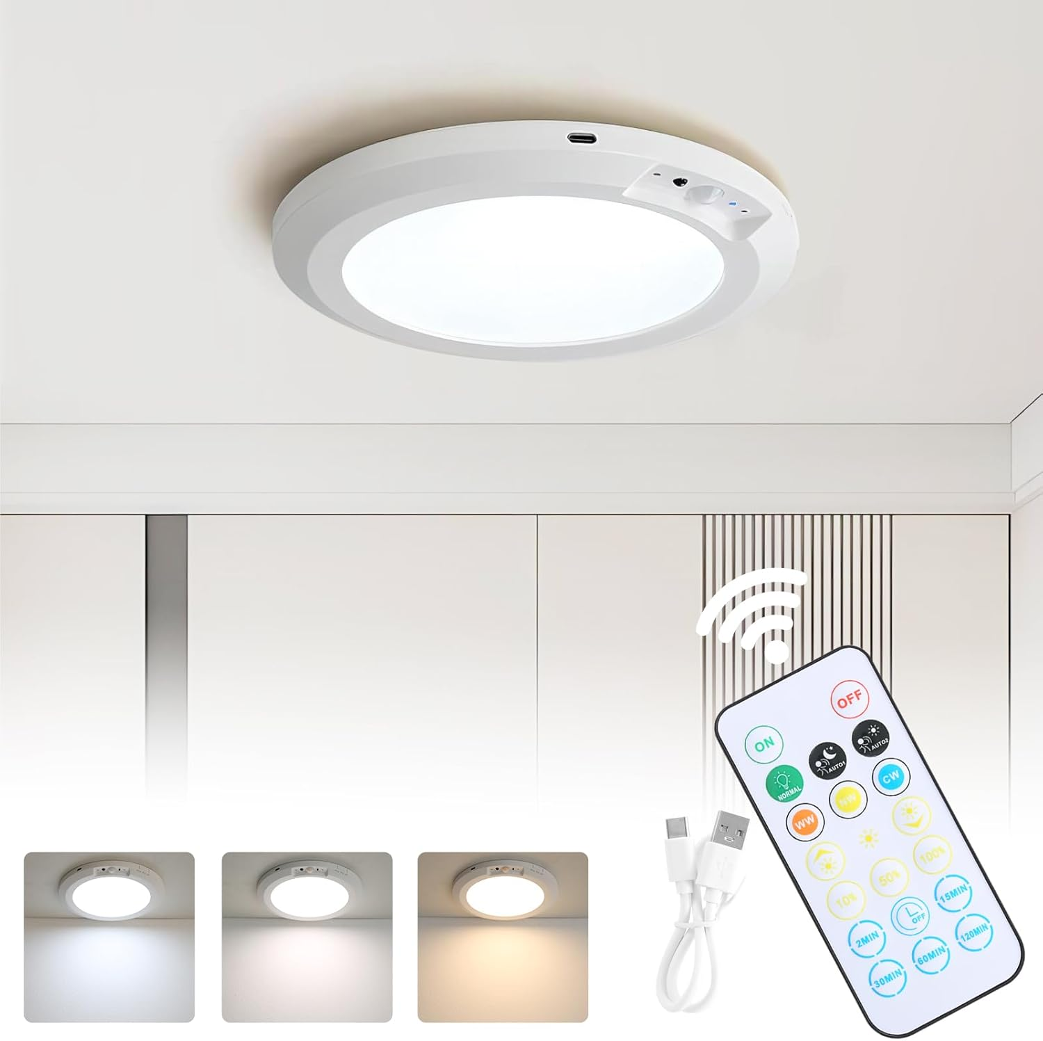 Motion Sensor Ceiling Light Fixture,Cordless Closet Light Battery Operated,Rechargeable Magnetic Mount Plafonnier LED Light for Closet Stair Hallway Shower Shed 3 Color Temperatures,Remote Control