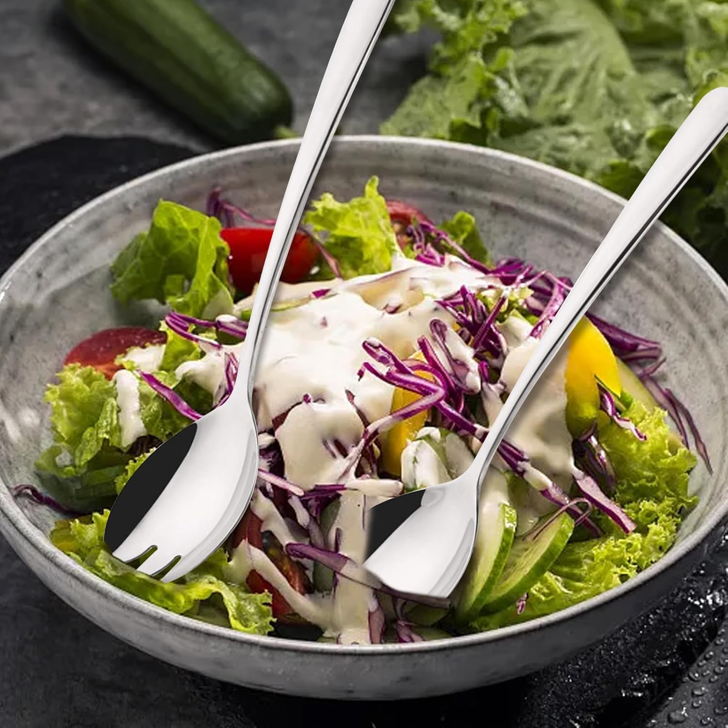 Set of 4 Salad Servers Stainless Steel Salad Spoons Salad Forks and Beautiful Salad Servers Set Stainless Steel Salad Fork Serving Spoon 19.5 Cm X 4.6 Cm image number 1