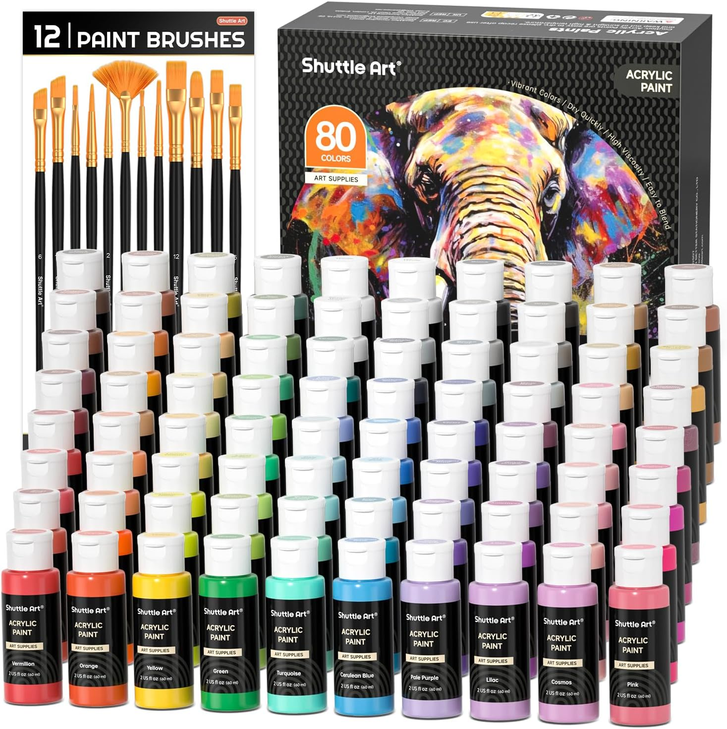 Shuttle Art 80 Pack Acrylic Paints Set, 78 Colours Acrylic Paint (2Oz,60Ml) with Extra White Black Piants & 12 Brushes, Rich Pigmented, Water Proof for Artists, Beginners on Canvas Rock Wood Ceramic