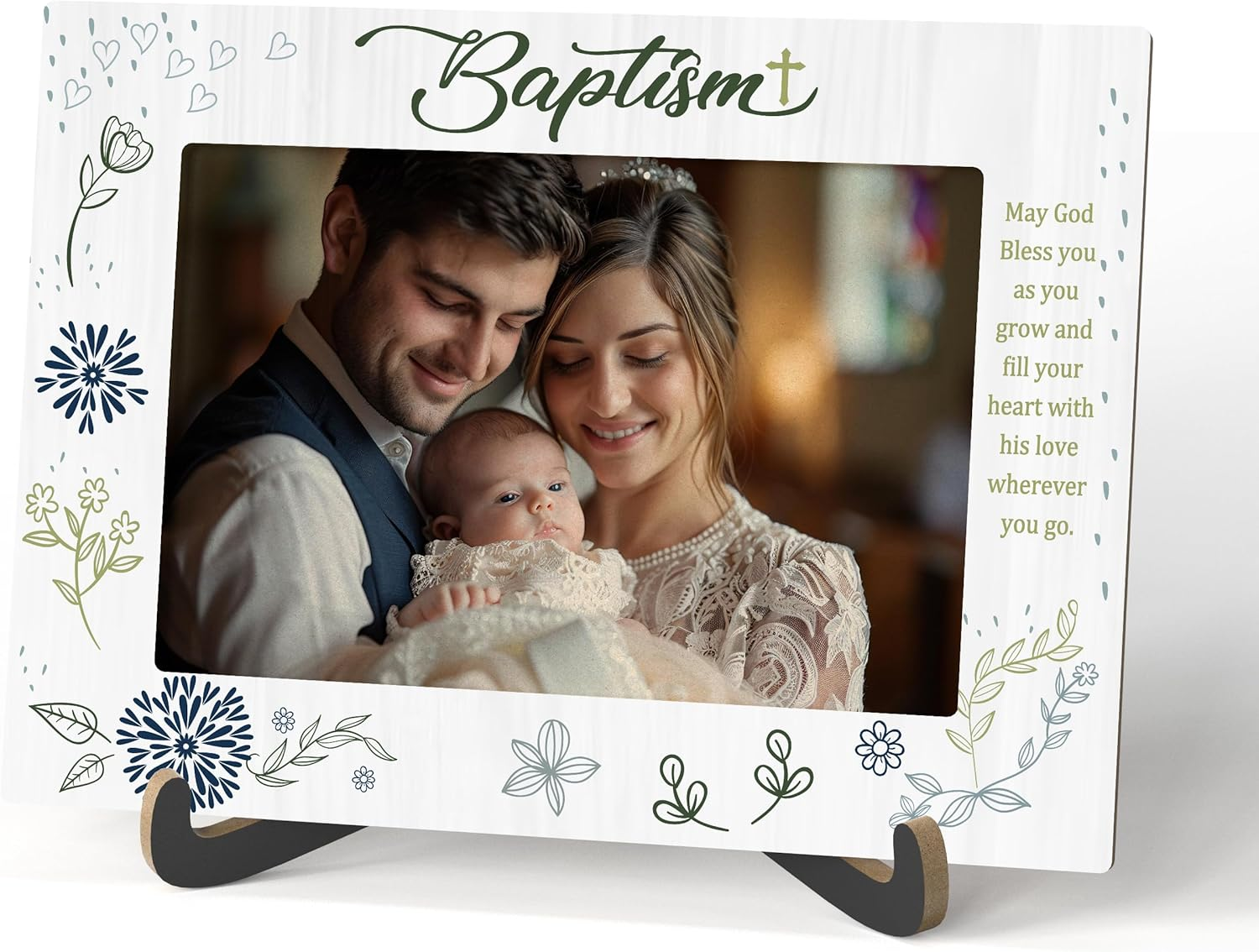 Qiwog Baptism Photo Frame - Baby Baptism Wooden Desktop Picture Frame with Stand - Newborn Baby Boy Religious Gift - Christening Gifts from Grandparents Friends -A29 image number 1