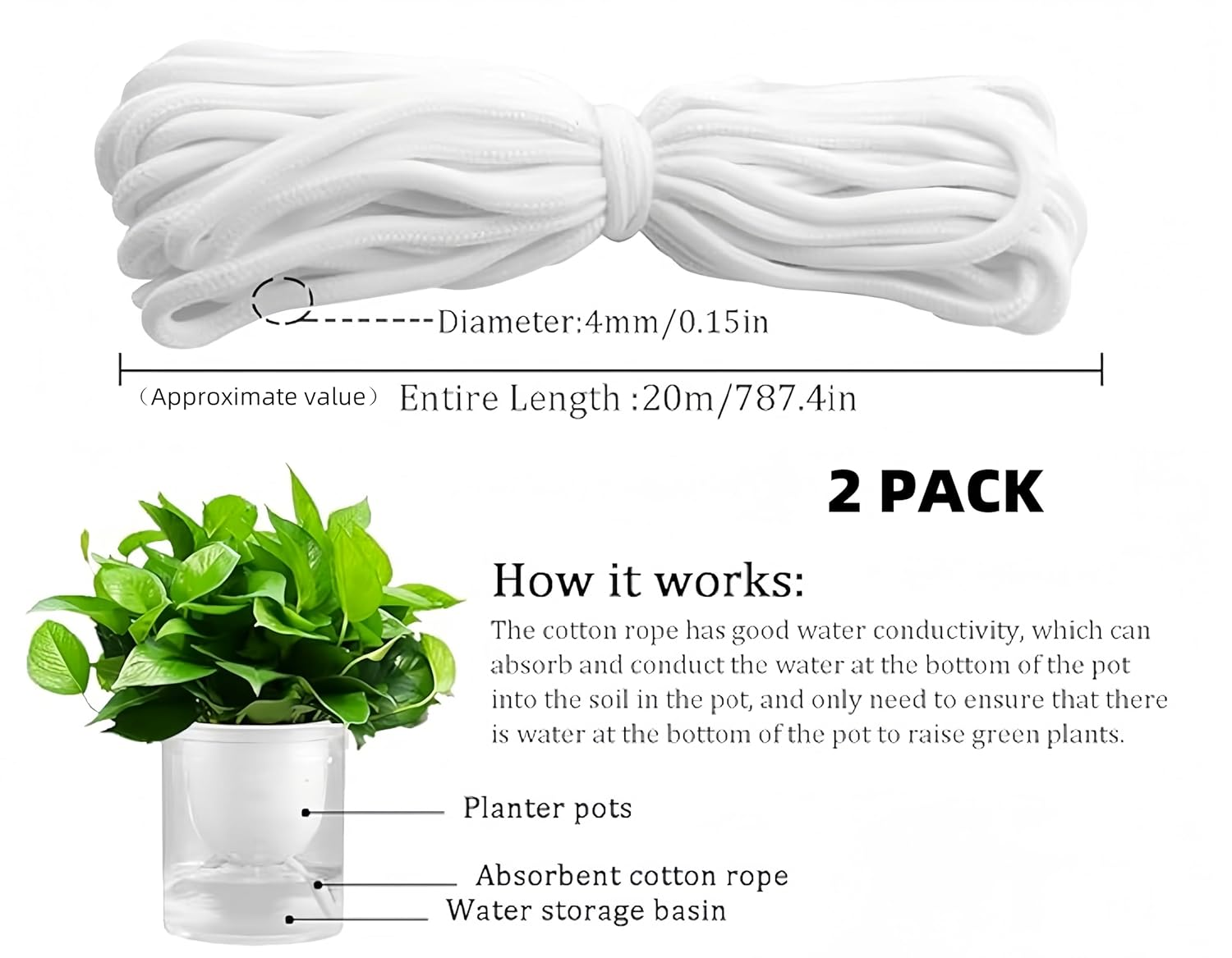 2Pack Self Watering Wick Cord 4Mm Automatic Watering Plant Wicks for Hydroponic Systems, Self-Watering Pot Insert for Indoor Outdoor Garden Use Ideal for Orchids Tomatoes Plant (130 Ft)