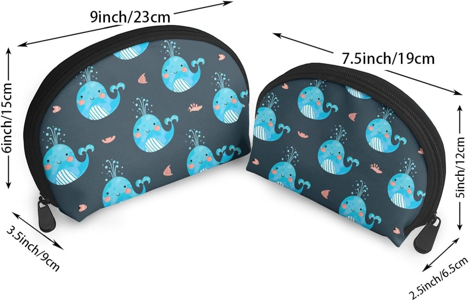 Cozimangoe Coin Pouch Makeup Bags Set, 2 Piece Shell Shape Cosmetic Bag with Pockets for Daily Travel Handbag Lipstick Keys Toiletry, Personalized Cute Whales and Fishes image number 3