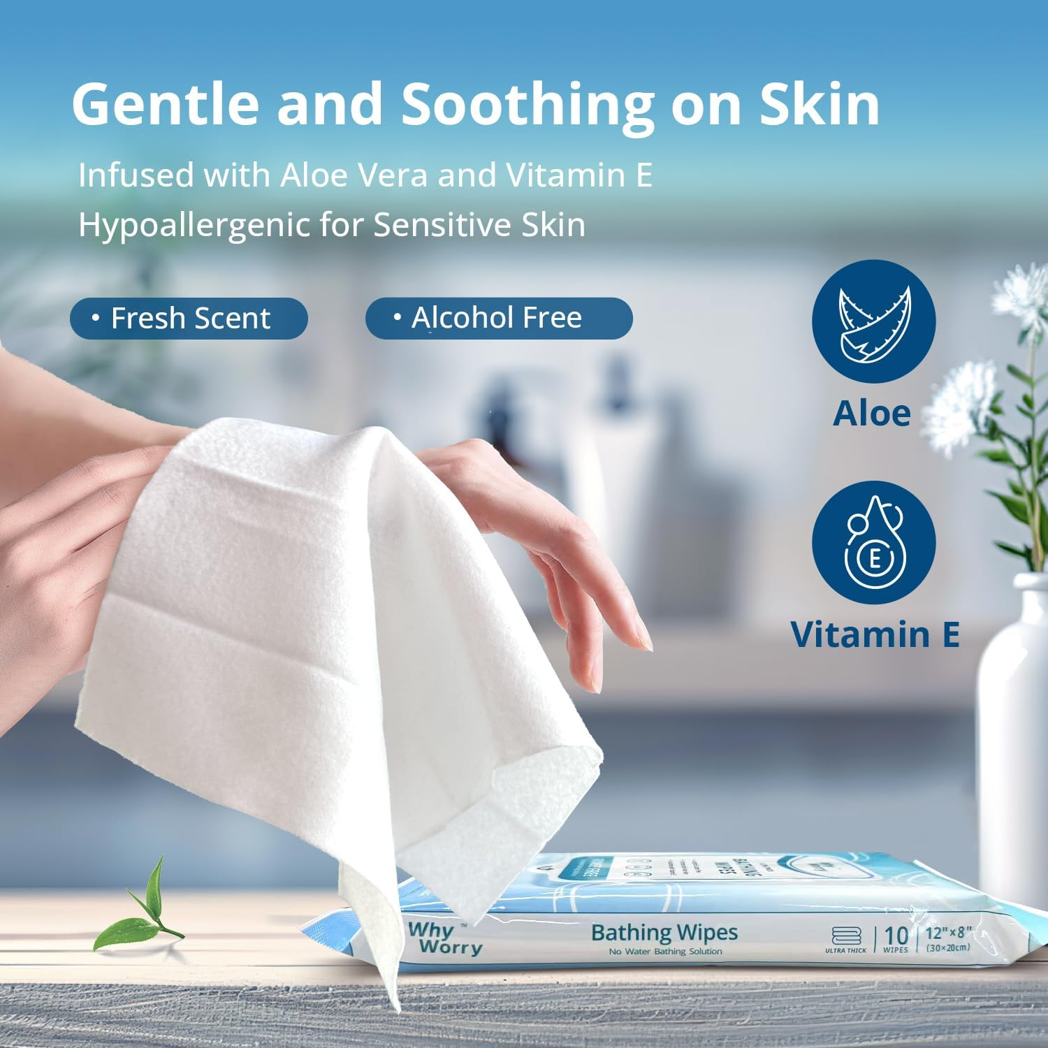 Whyworry Bed Bath Wipes for Adults Rinse Free, Ultra Thick Bathing Wipes with Aloe for Women & Men, 20 X 30 Cm Disposable Cleaning Body Wipes for Gym & Camping, Fresh Scent, 50 Count (5 Packs of 10) image number 3