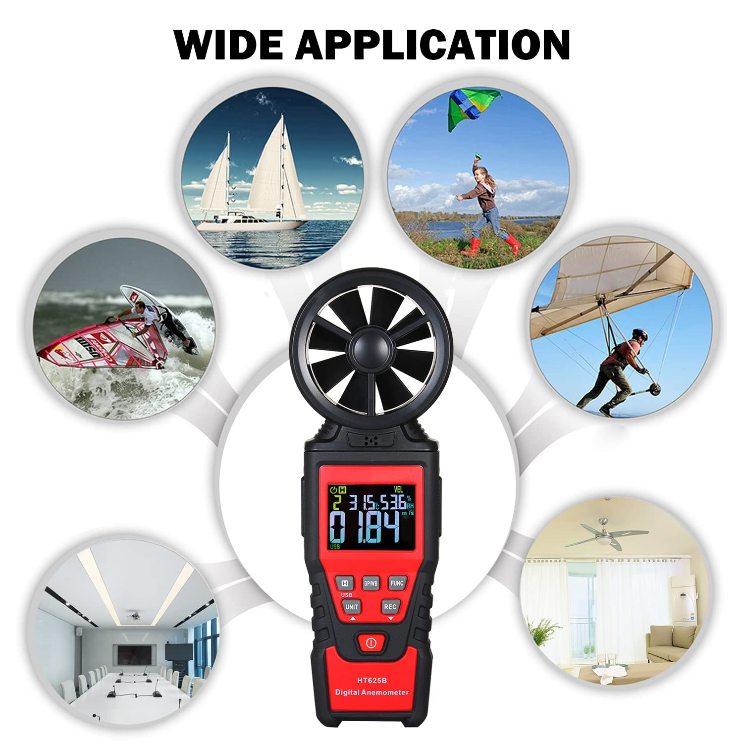 Handheld Anemometer Digital Wind Speed Meter with USB, LCD Color Display Measures Wind Speed Humidity Temperature, Air Flow Volume, Dew Point Temperature for HVAC Vents, Boat Sailing, Shooting HT625B image number 4