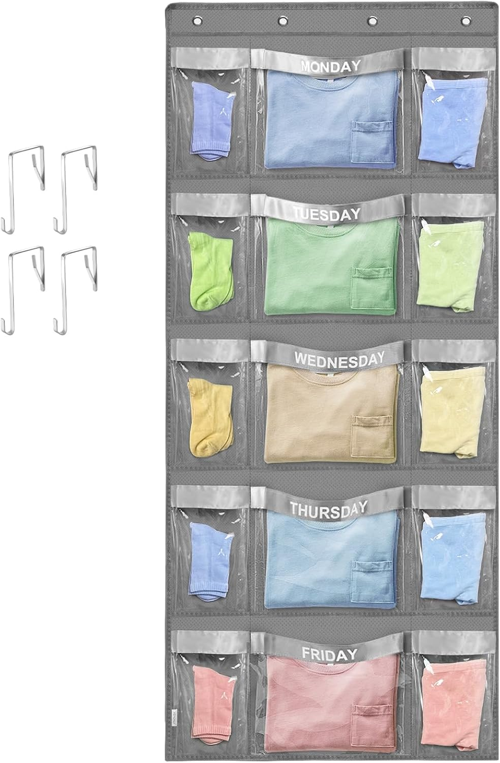 VERONLY Weekly Hanging Closet Organizer for Kids,Day of Week Kids Clothes Organizer,School Clothing Storage Monday to Friday Hanging Closet Organizer Shelves for Bedroom,Bathroom,Dorm (Grey)