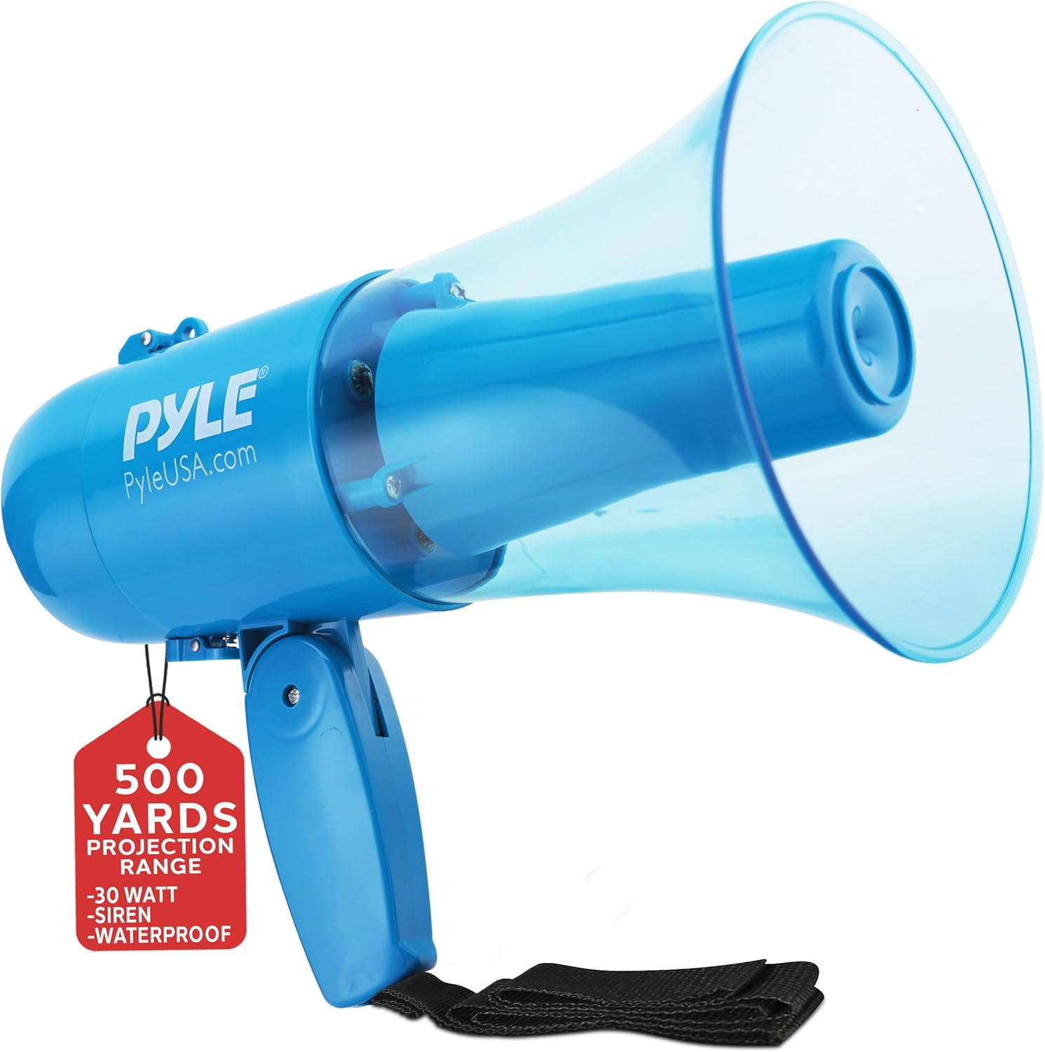 Pyle 30W Megaphone Siren Bullhorn Speaker, Rechargable, Portable and Lightweight Automatic Bullhorn for Indoor & Outdoor Use, 500 Square Yards Projection Range, Used as Siren/Music (Transparent Blue) image number 2