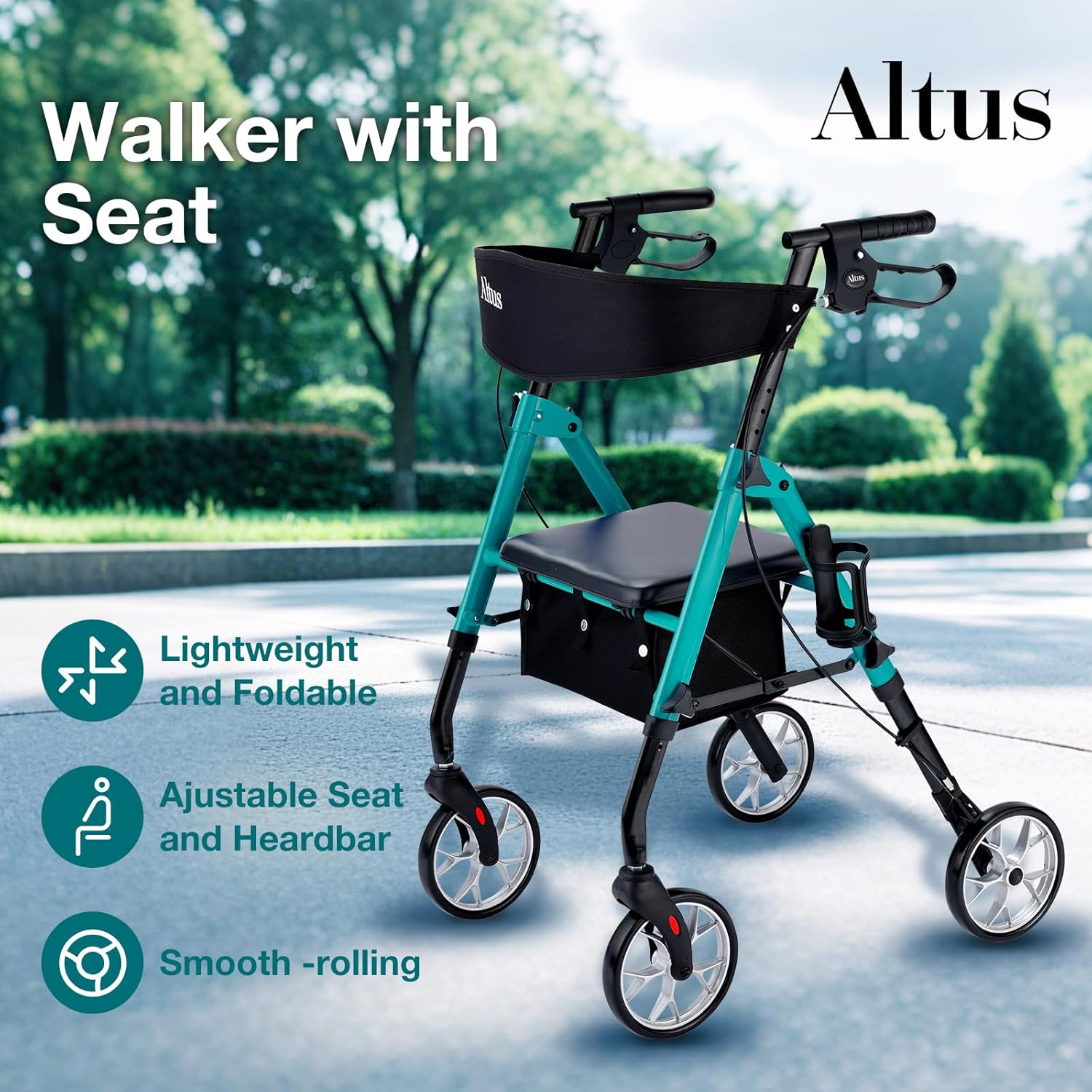 Altus Classic Walker with Seat Rollator Height Adjustable Folding Deep Teal image number 4
