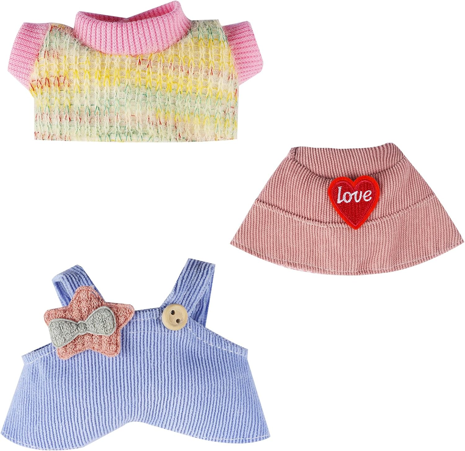 E-TING 17Cm Doll Clothes Accessories Sets Fitted for Sitting/Standing Style Plush Doll 1 Hat+1 Sweater+1 Baby Blue Fashionable Overalls (Pink Star Dolls Clothing)
