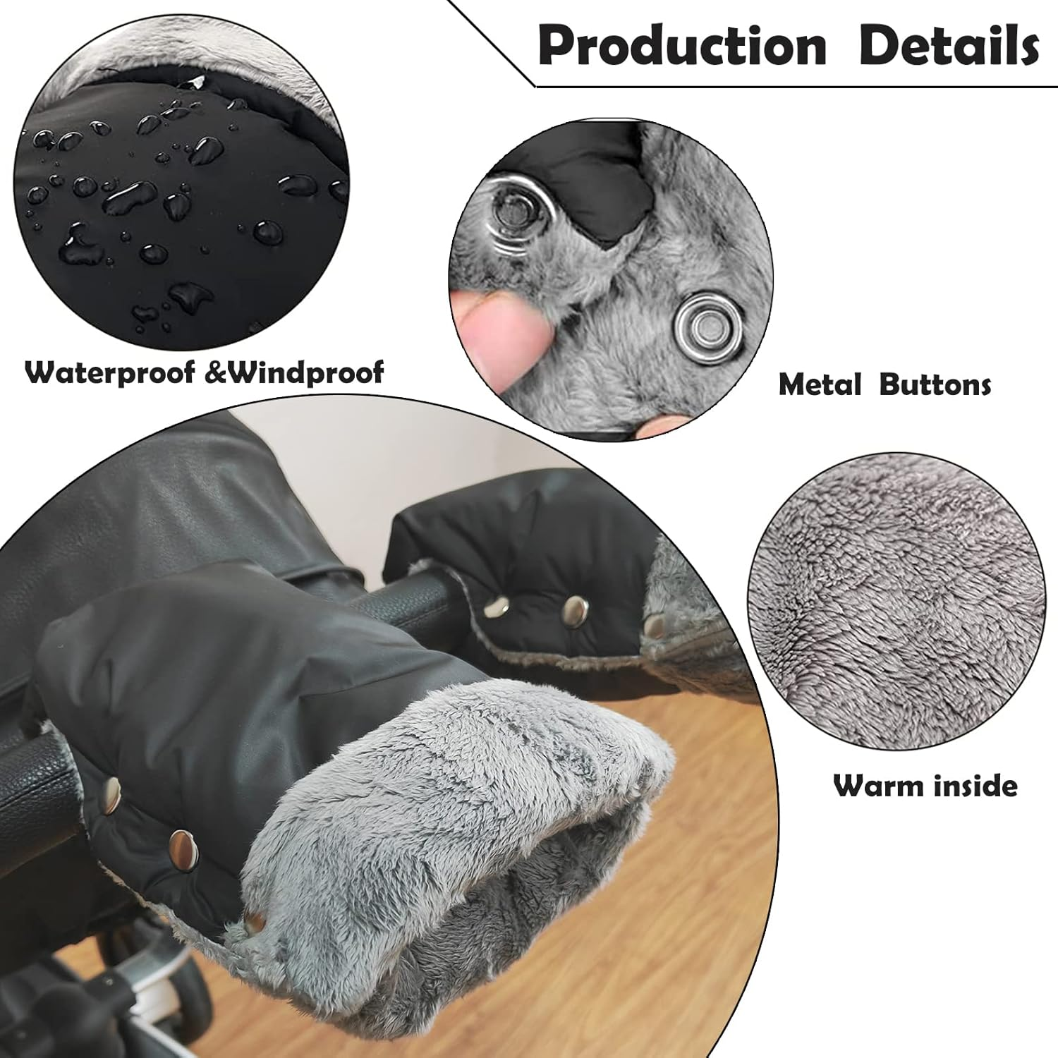 Handmuffs, Stroller Pram Hand Muff Waterproof and Windproof Anti-Freeze Fleece Lined Gloves Universal Hand Warmer for Buggy Pushchair Trailer Bicycle. Black image number 4