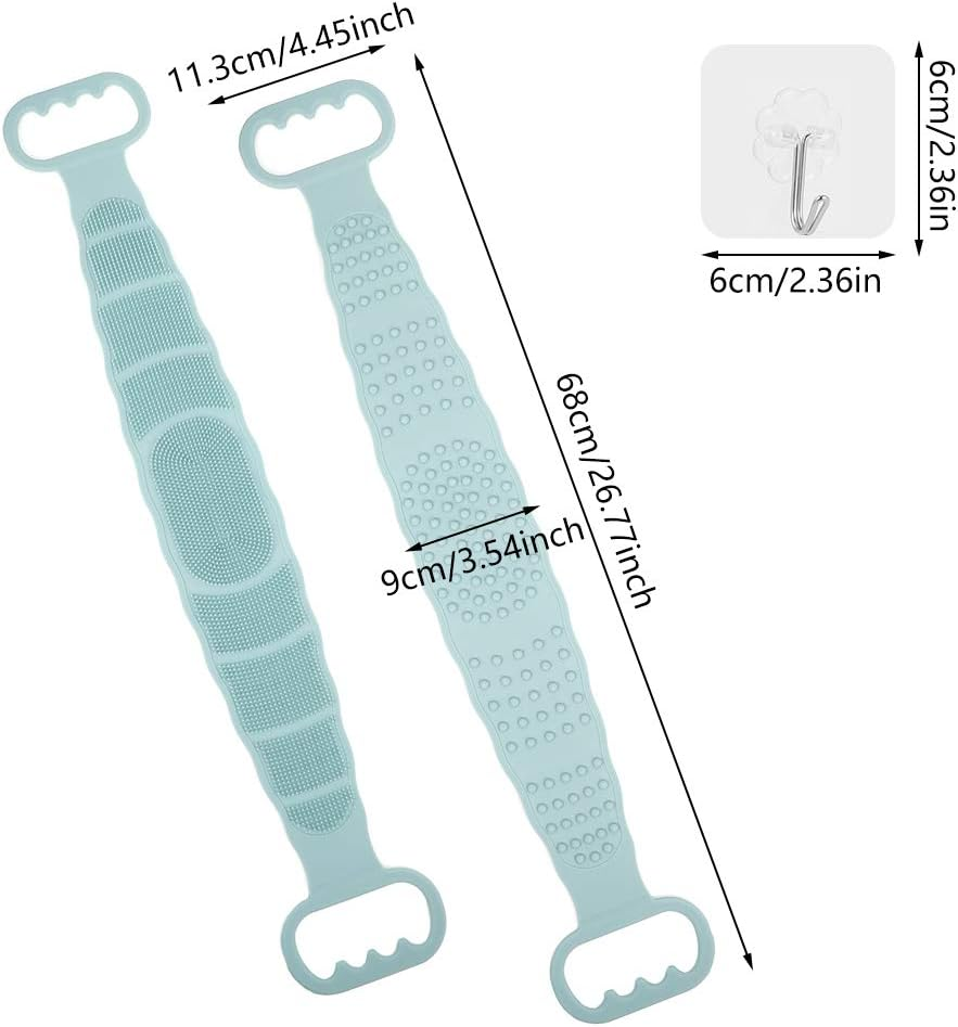 Baring 2 Pieces Silicone Back Scrubber Bath Body Brush Shower Brush Exfoliating Skin Massage Scrubber and 2 Pieces Transparent Adhesive Hooks, Blue and Green