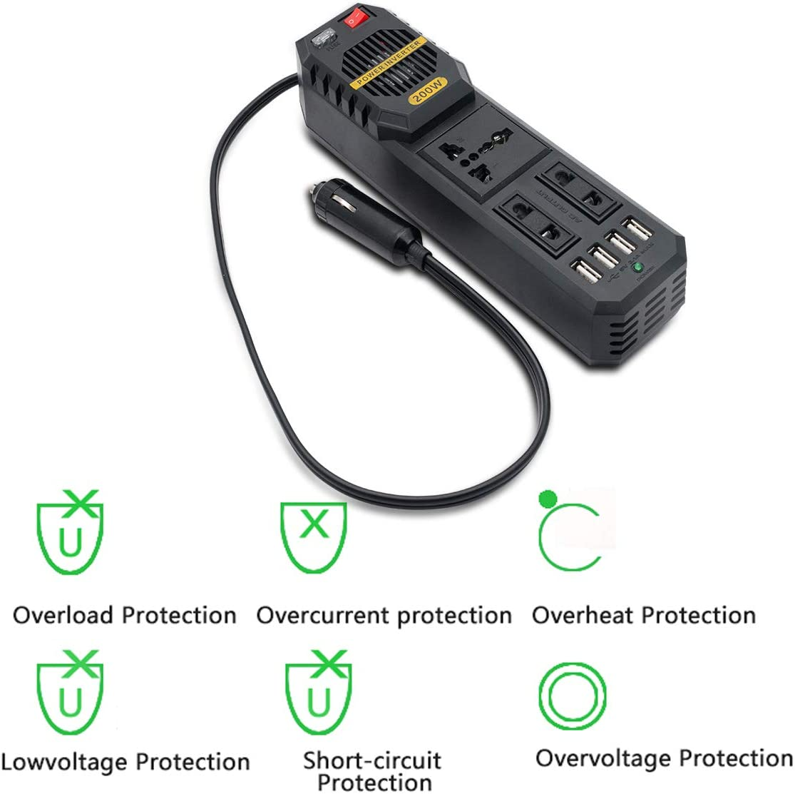 TOP-MAX Car Power Inverter 200W DC 12V to AC 220V Socket Converter Invertor 4USB Charger image number 6