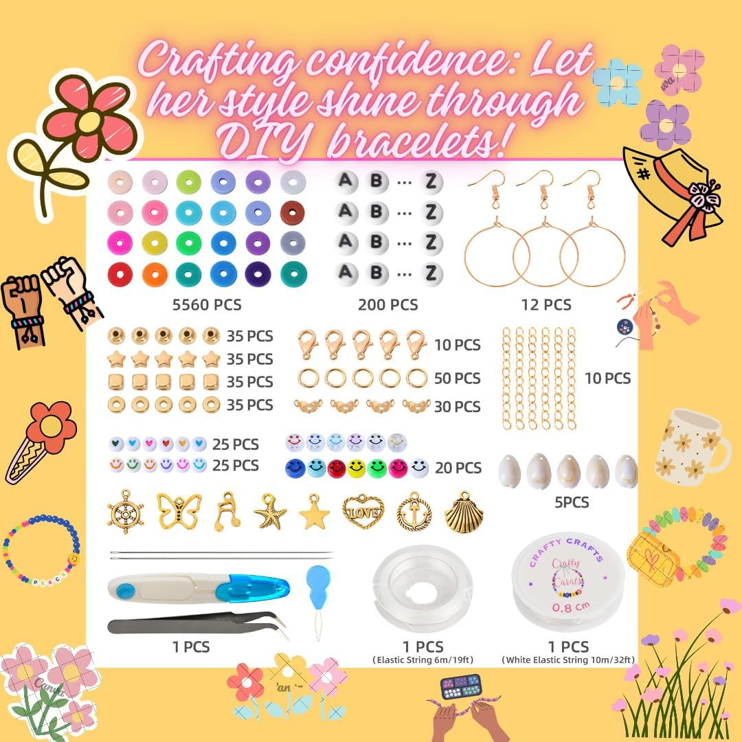 Crafty Carats Friendship Beads 7000+ Polymer Clay Beads Bracelet Making Kit, 24 Vibrant Colors, Flat Polymer Clay Beads, a to Z Letter Beads, Emoji and Smiley Beads Jewellery Making Supplies and Crafts Gift Set for All, Polymer Clay Beads Bracelet Making Kit, Black N White Color Palette Vintage Letter Beads, Charm Bracelet Making Kit, Mystical Charms, Elastic Chords and Clasps for Durable Fit, Hooks and Chain for Perfect Locking, Swifie Bracelets, with One Set of Forceps and Scissor #Onlyonamazon (7000, Plain) (Plain) image number 6
