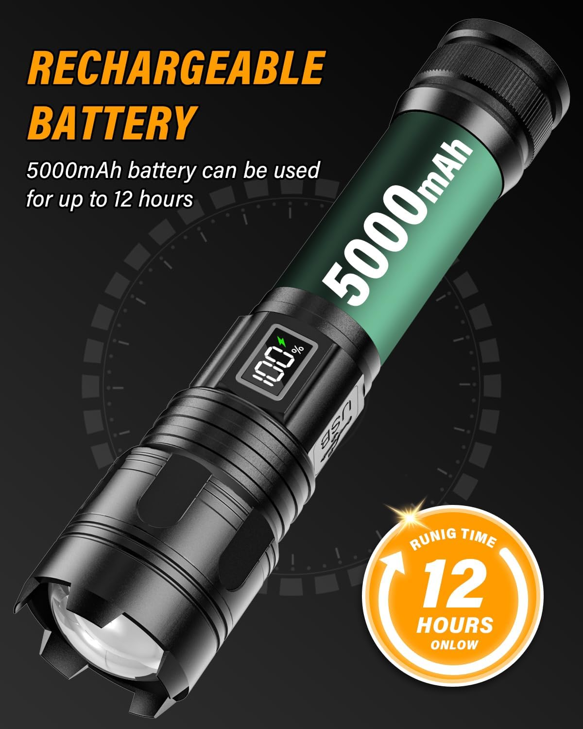 Professional Powerful LED Torch, 500000 Lumens, Rechargeable LED Flashlight with 5000 Mah Battery, Zoomable 5 Modes Military Torch, IP67 Waterproof Tactical Flashlight AK-01 (Black) image number 2