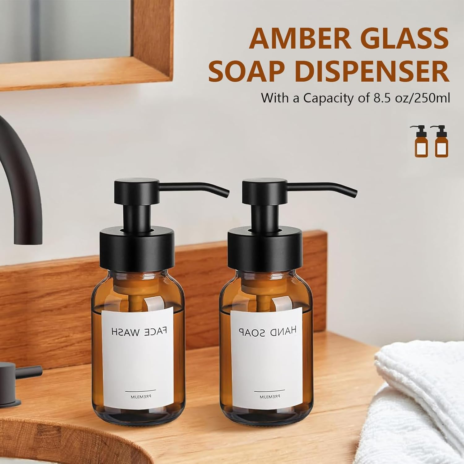 Foaming Soap Dispenser, 8.5 Oz Amber Glass Foam Soap Dispenser for Bathroom & Kitchen, 2 Pack Modern Refillable Foaming Hand Soap Dispenser, Foam Pump Bottle with Waterproof Labels image number 6