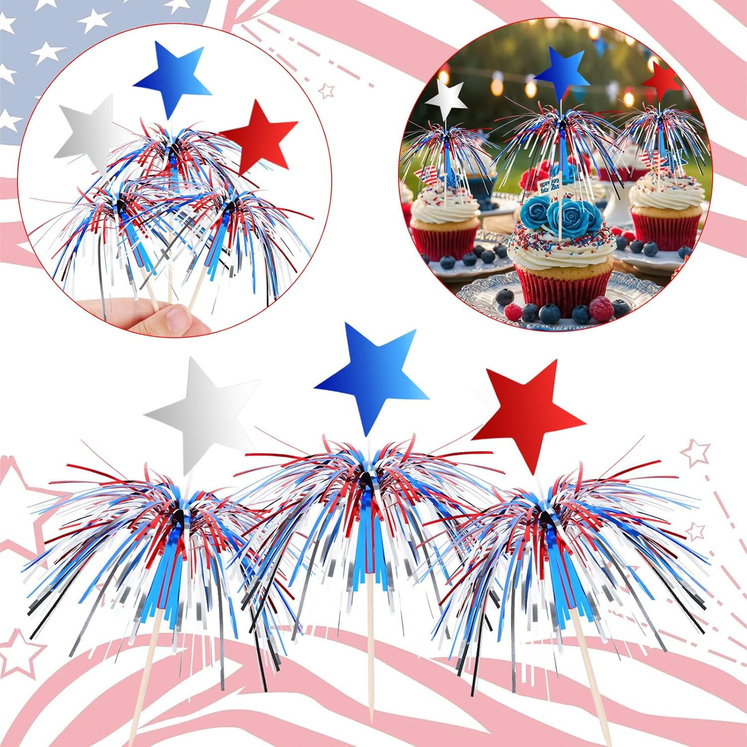BOARDFEB 4Th of July Cocktail Picks 100Pcs, Patriotic Firework Picks with Red White Blue Stars Cocktail Sticks Cupcake Toppers Toothpicks for 4Th of July Party Food Drinks Appetizers Picks Decorations image number 4