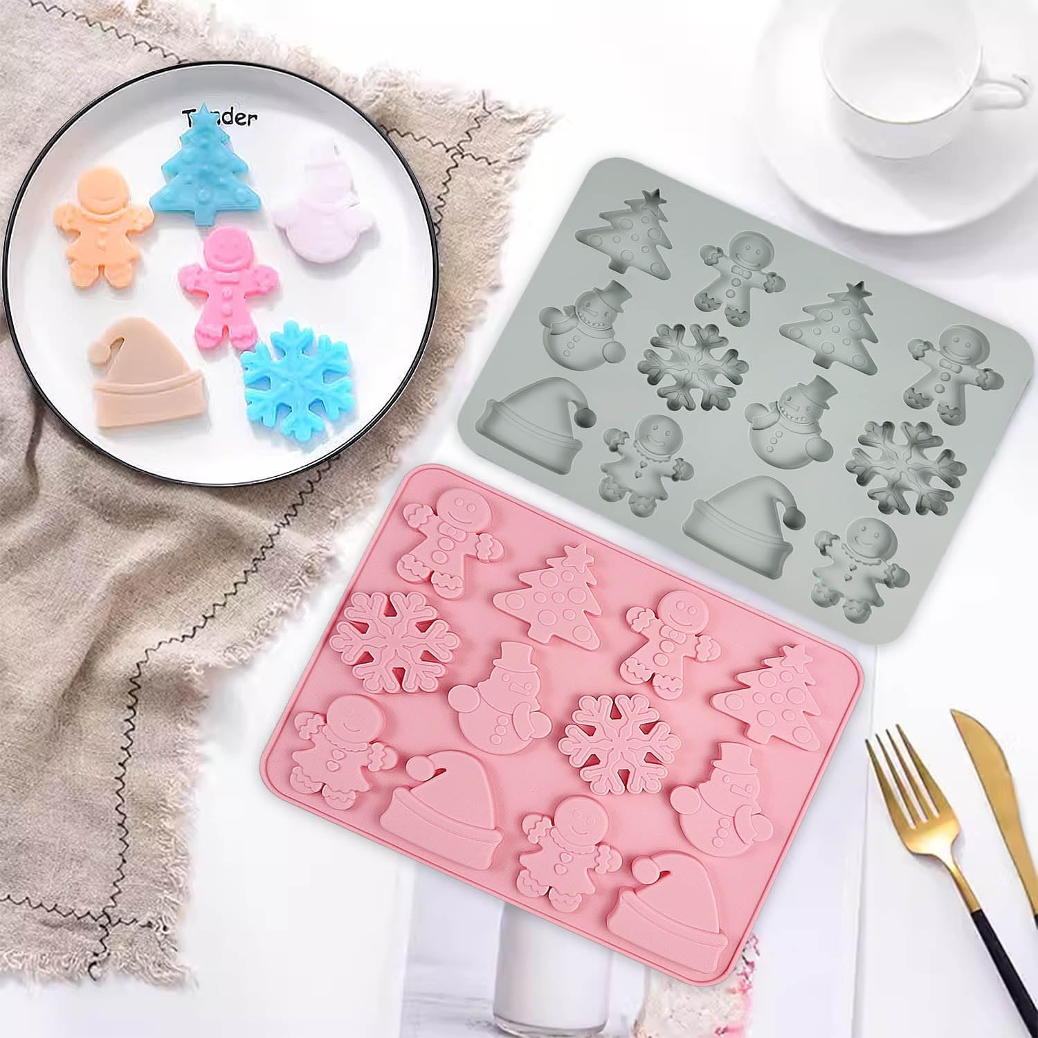 Christmas Silicone Mould, 2 Pieces Christmas Silicone Mould, 6 Different Designs, Silicone Moulds Christmas, Silicone Baking Mould Christmas for Muffins, Cakes, Chocolate, Soap, Sweets image number 3