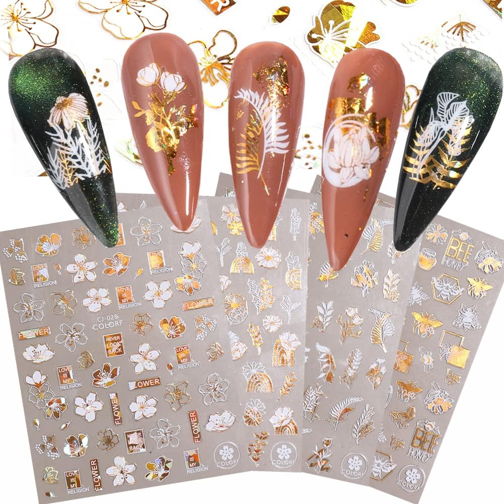 Flower Nail Stickers, 3D Metal Gold Spring Nail Decals Metallic Gold White Cherry Blossoms Leaves Bees Flowers Spring Nail Art Design DIY Nail Decoration for Women Kids(9 Sheets) image number 3