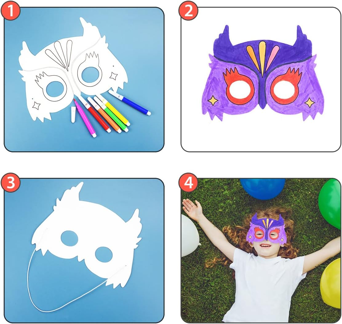 Fantasyon 66Pcs Animal Masks Set for Kids DIY Colour-In White Card Graffiti Hand Painting Art Craft for Halloween Decorations Birthday Party Safari Jungle Forest Theme Dress-Up image number 2