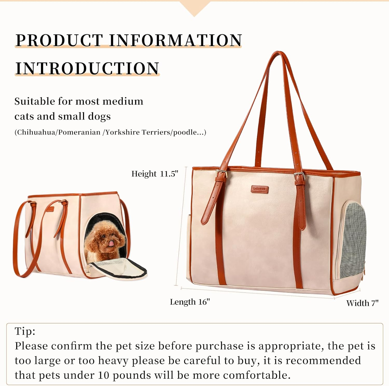Lasaviin Fashion Dog Purse Pet Carrier Leather Bag for Small Dogs Cats Puppy, Portable Tote Bag Airline Approved Soft-Sided Carriers (Beign) image number 3