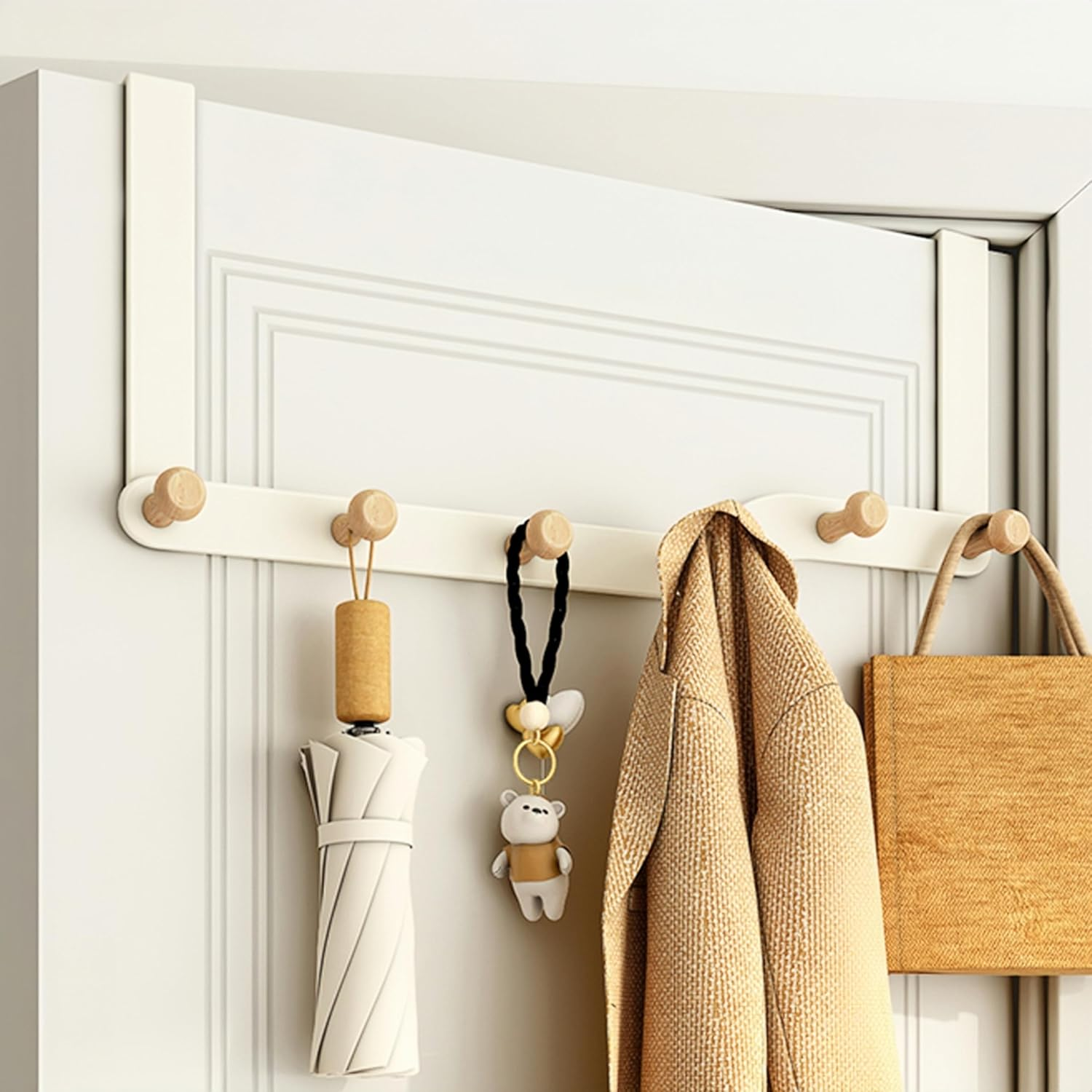 Over the Door Hooks, over Door Coat Hanger，Clothes with 6 Wooden Door Hooks,Door Hooks for Entrance Doors, behind Bedroom Doors, to Hang Clothes, Towels, Hats, Etc.(Cream White)