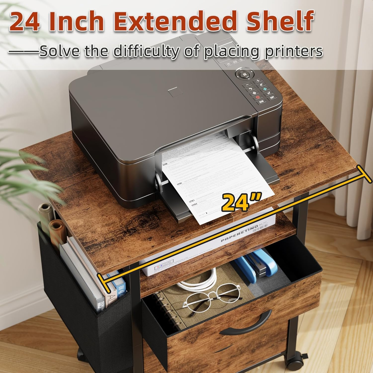 GYIIYUO 2 Fabric Drawer File Cabinet with 24'' Extended Desktop, Mobile Filing Cabinet, Rolling File Cabinet with Side Bag, Fits A4 Size, Home Office, Light Brown