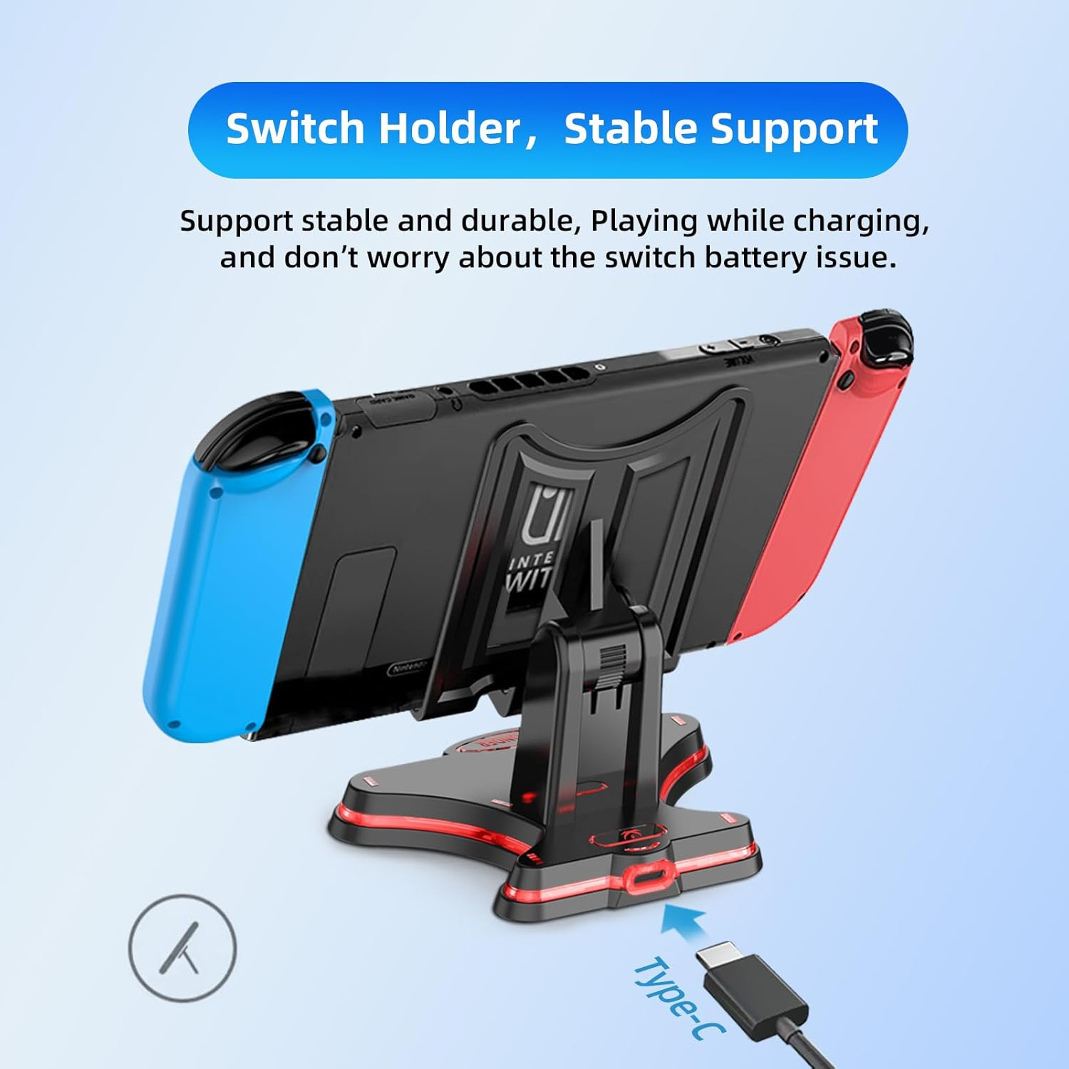 Charging Stand for Switch/Lite/Oled, Portable Foldable Non-Slip Bracket, Adjustable Charging Stand, with Type C Charger Port (Black) image number 4