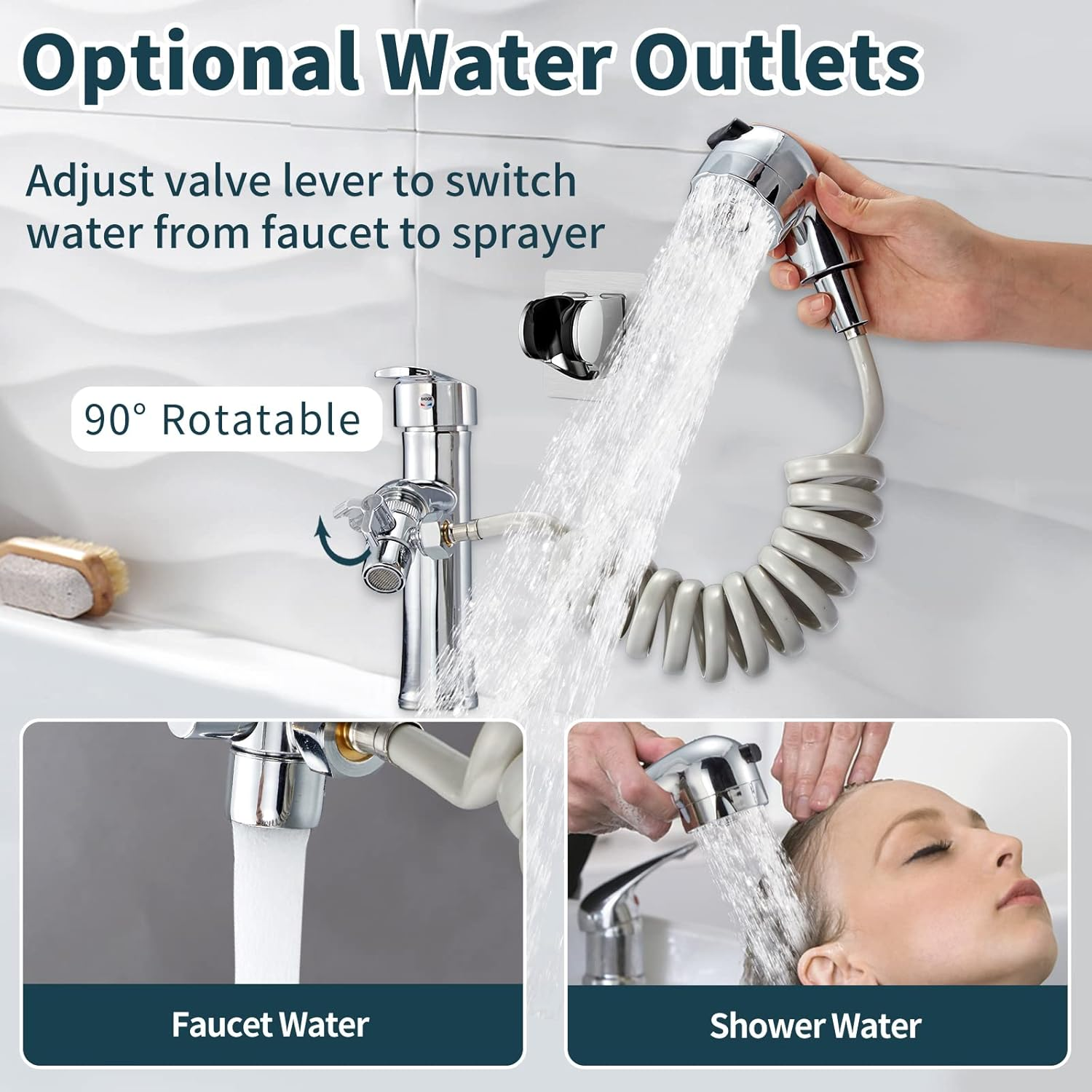 USLICCX Sink Faucet Rinser for Dog Baby Hair Washing Kitchen Bathroom Sink Bathtub Extension Sprayer Set with Recoil Hose & Shower Holder & Water Diverter, Polished Chrome