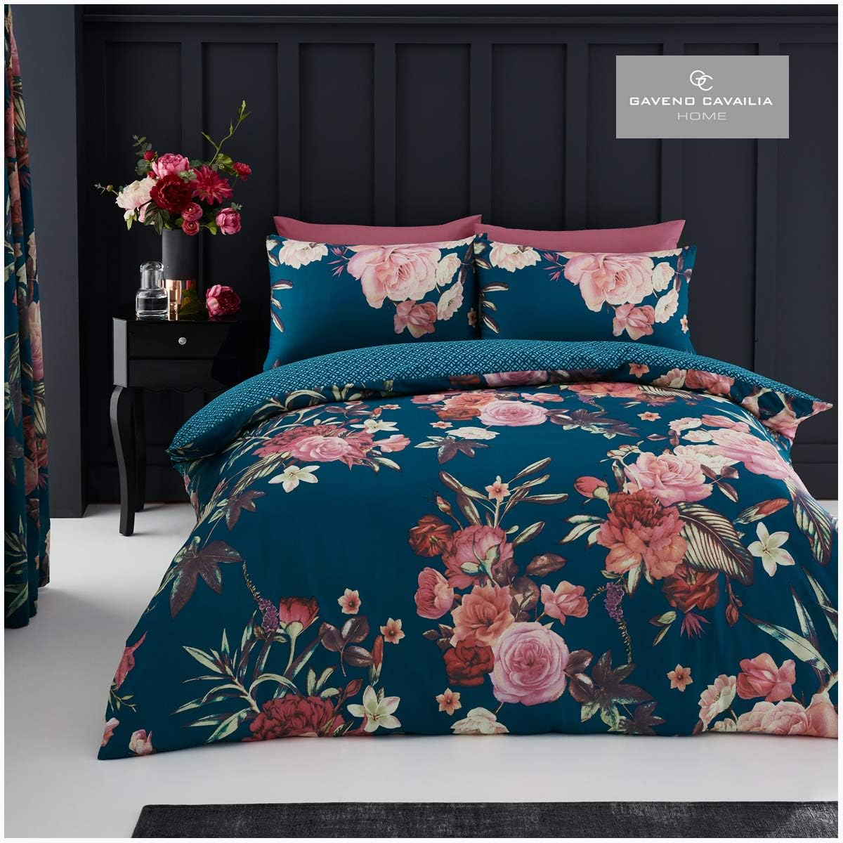 Easy Care Floral Printed Design Duvet Cover Set with Matching Pillowcase Geometric Bedding, King, Teal image number 6