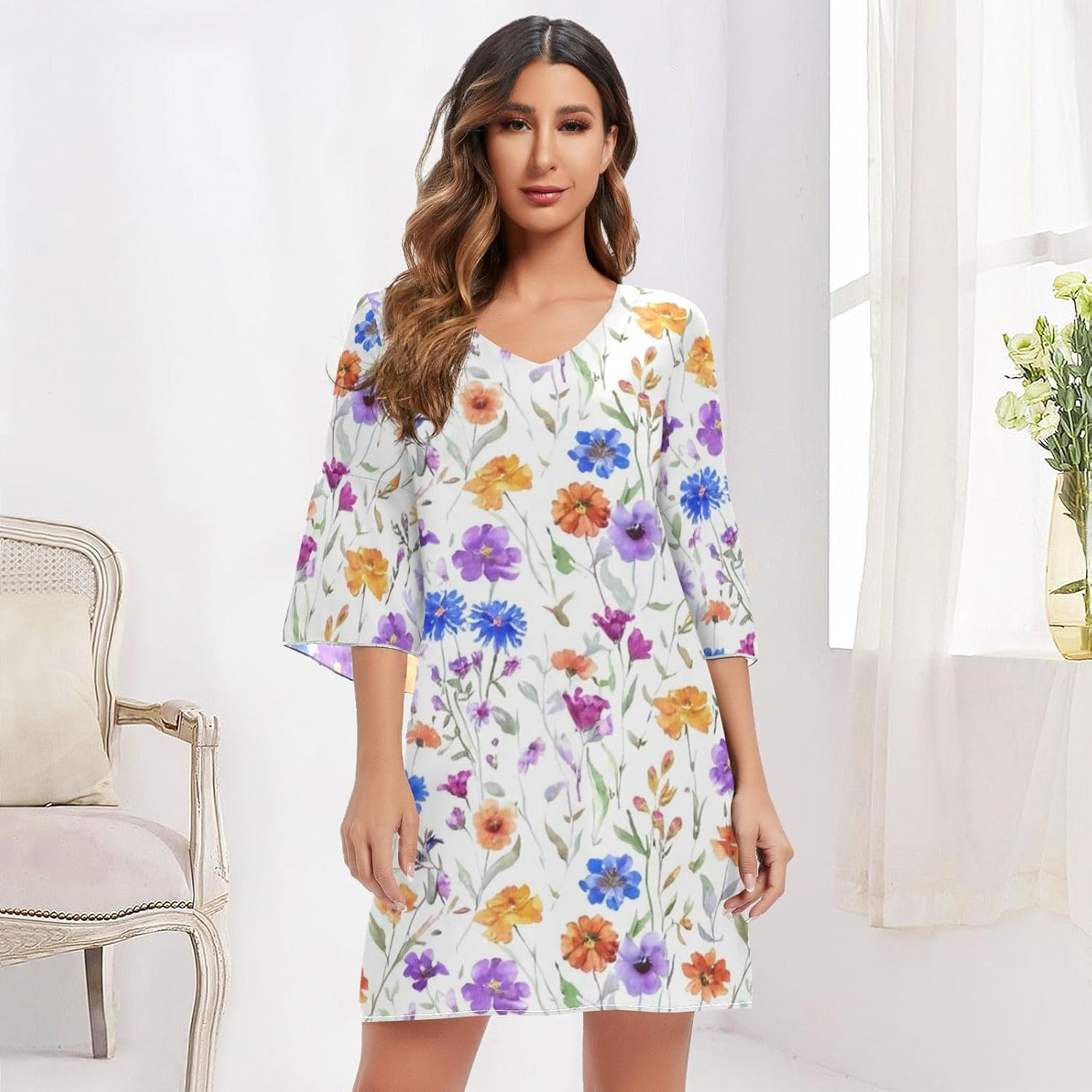 Watercolor Wildflowers V Neck Dress Printed Maternity Dress Party S-XXL image number 3