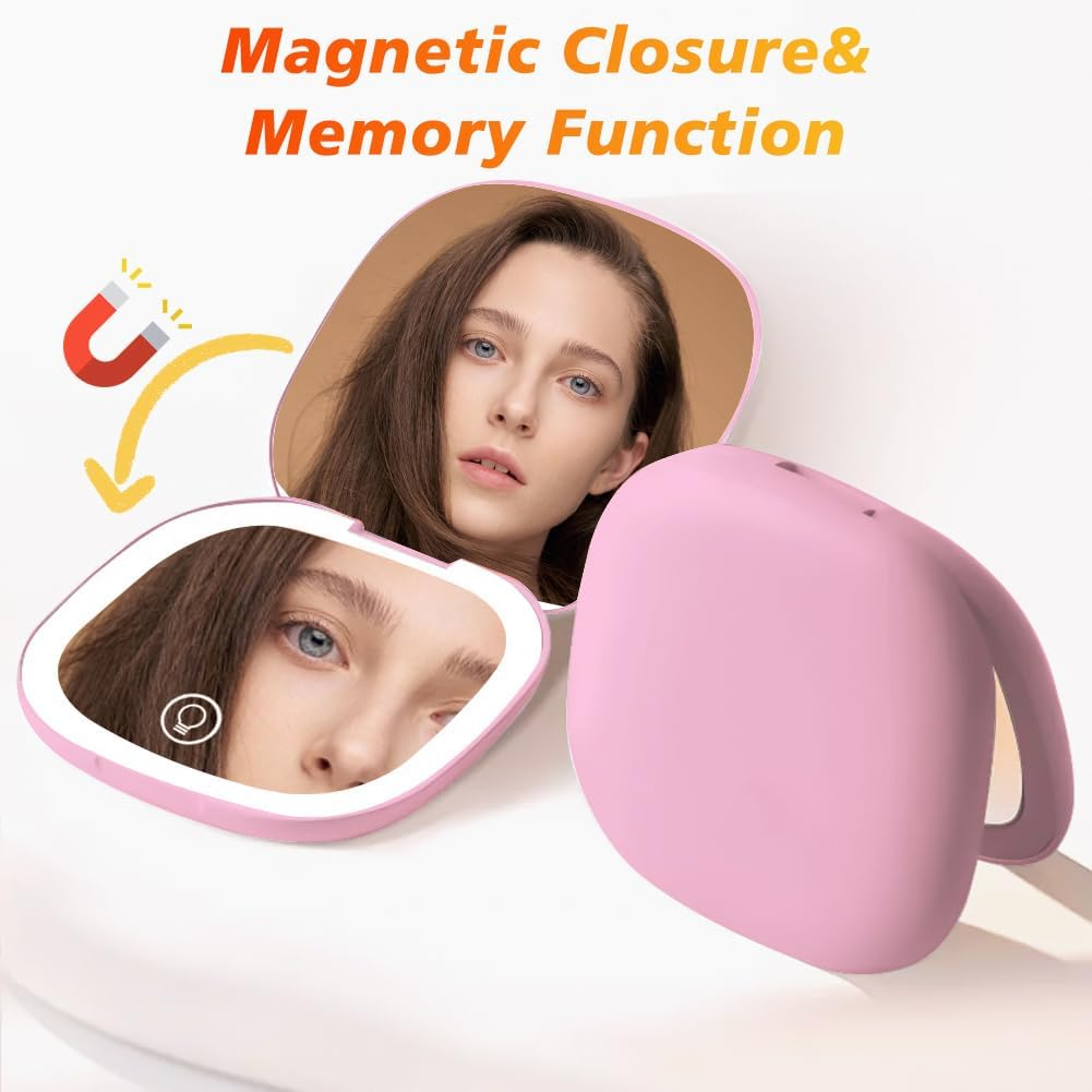 Compact LED Magnifying Travel Makeup Mirror 1X/10X Magnification Small Hand Pocket Mirror 3 Light Colors Dimmable Double Sided USB Rechargeable Touch Screen, Portable Cosmetic Mirror(Pink)