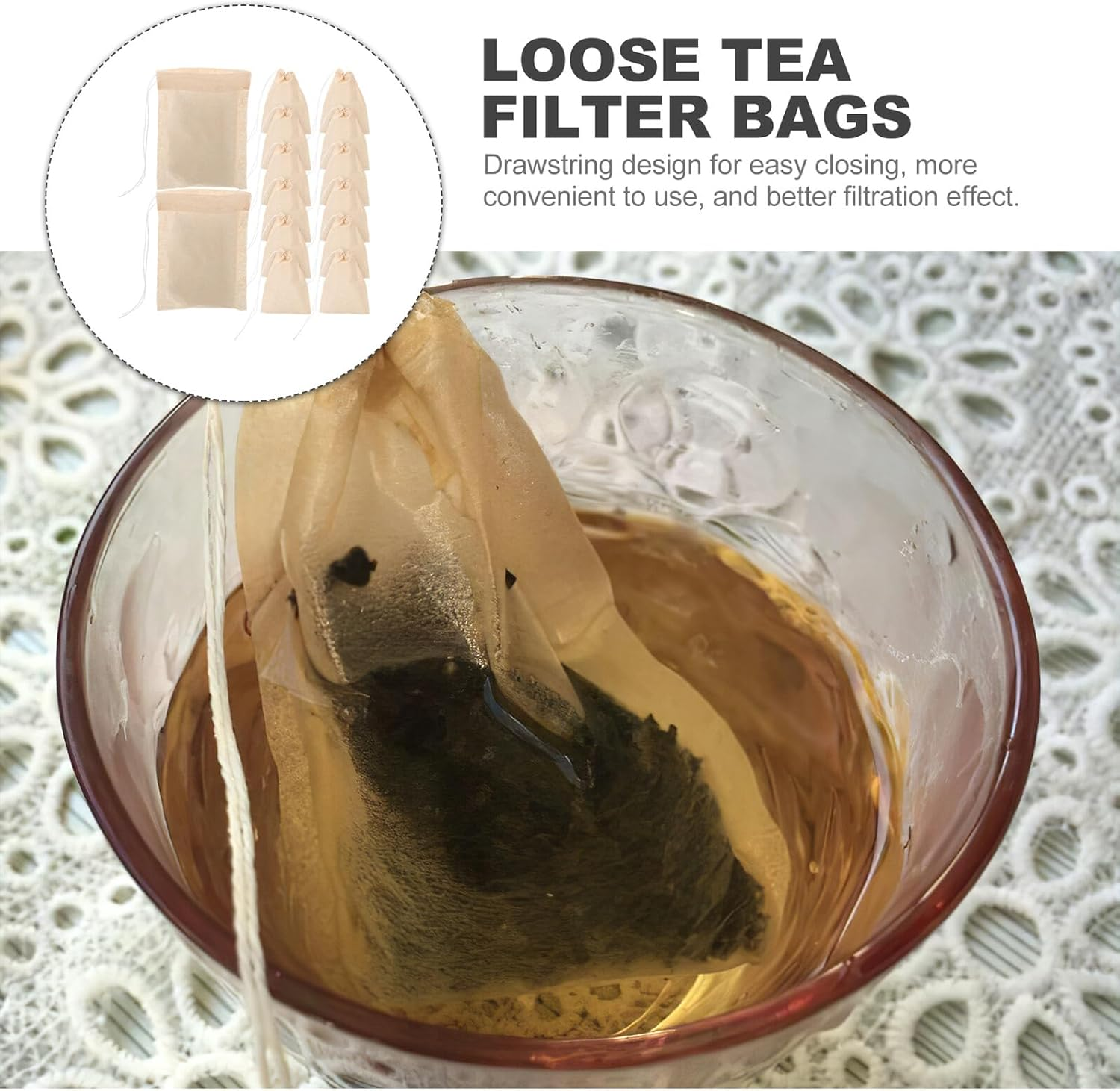 FUNNETOYU Disposable Tea Filter Bags with Drawstring 100Pcs Paper Loose Leaf Coffee and Tea Infuser Bags (6X8Cm) Biodegradable Coffee Filter for Home Brewing
