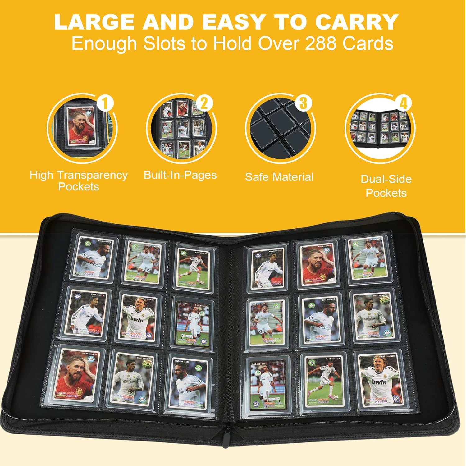 Toploader Binder,Toploader Hard Cases, 9-Pocket Pages Sleeves Hold up 288 Cards.Toploader Card Binder with Sleeves for &ldquo;3&times;4&rdquo; Rigid，Card Holder(Yellow1) image number 2