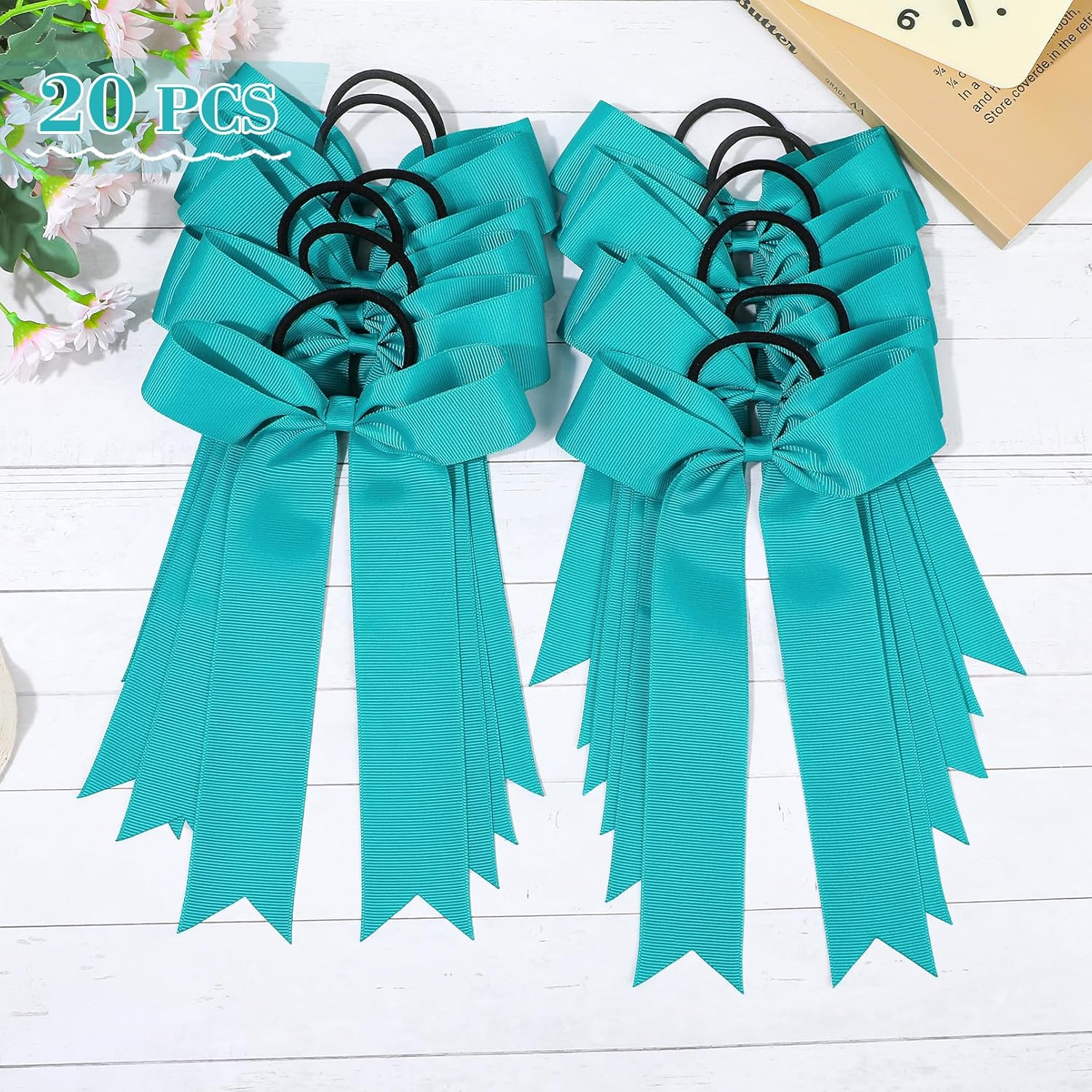 CEELGON 20 PCS College Style Cheer Bows Collegiate Long Tail Skinny Bow Elastic Hair Tie for Teens Girls Softball Competition Sports Cheerleaders (Teal) - Light Blue image number 2
