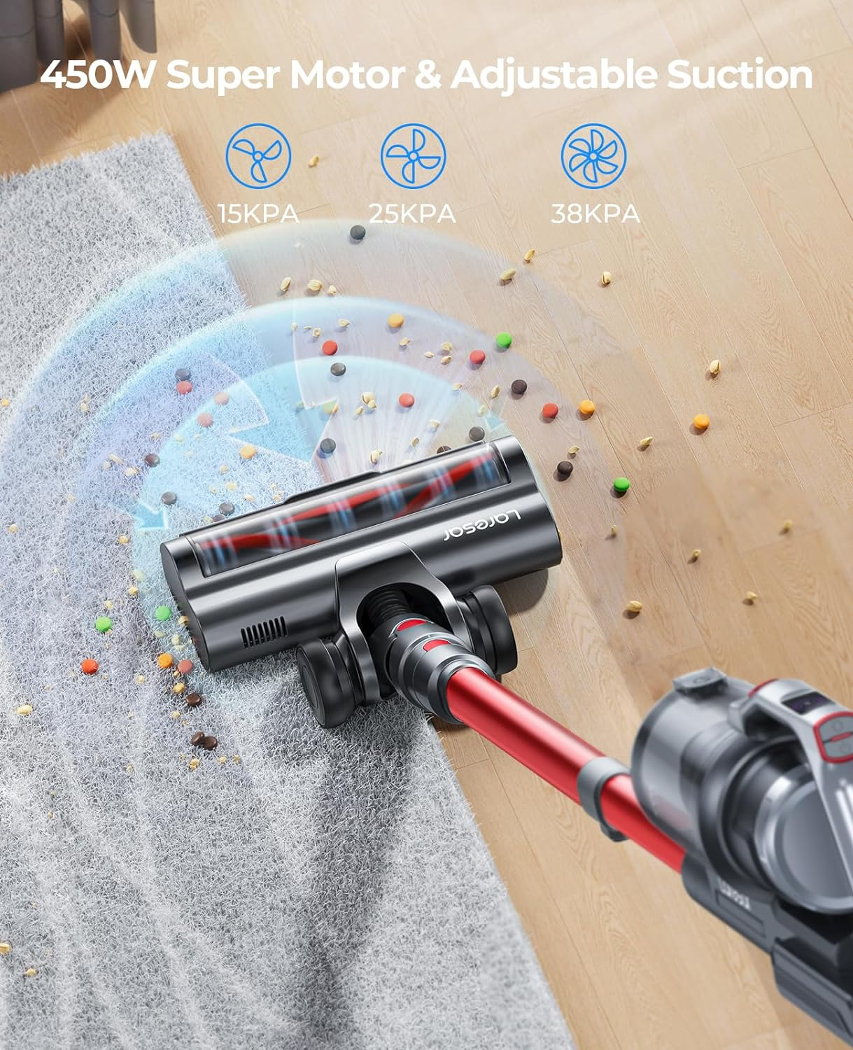 Laresar Elites6 Cordless Vacuum Cleaner,Max 55Mins Runtime,450W/38000Pa Stick Vacuum,Lcd Animation Display,Anti-Tangle Upright Vacuum,Hardwood Floor/Carpet/Pet Hair/Sofa