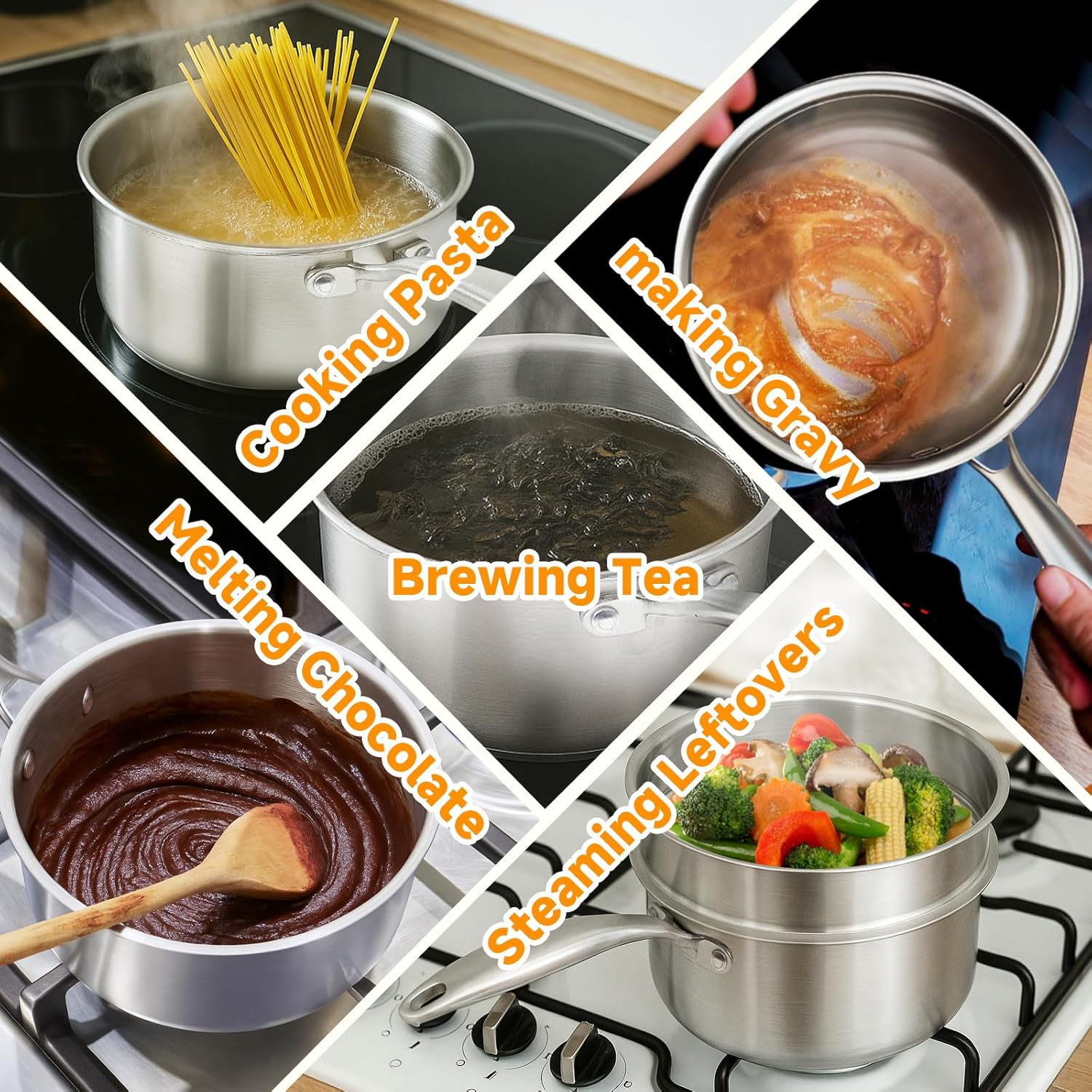 Shakico Stainless Steel Saucepan Pot - 1.5 Quart Tri-Ply Induction Cooking Pot with Vegetable Steamer Basket and Visible Lid, Saucepan Cookware, Sauce Pan for Boiling Milk, Pasta, Sauces, Grains image number 2