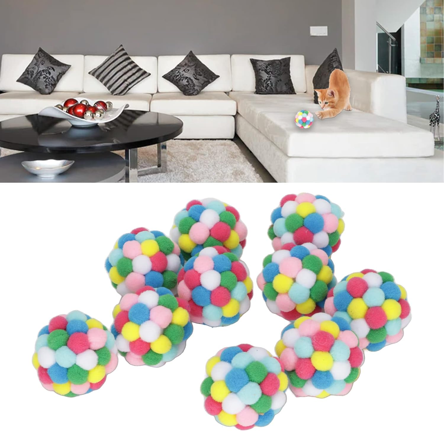 10Pcs Cat Ball Toy Hand Made Doing Exercise and Scratching Multipurpose Soft Colorful Cat Ball Toy for Cats Kittens,Colorful Plush Balls, Soft and Safe Surfaces image number 5
