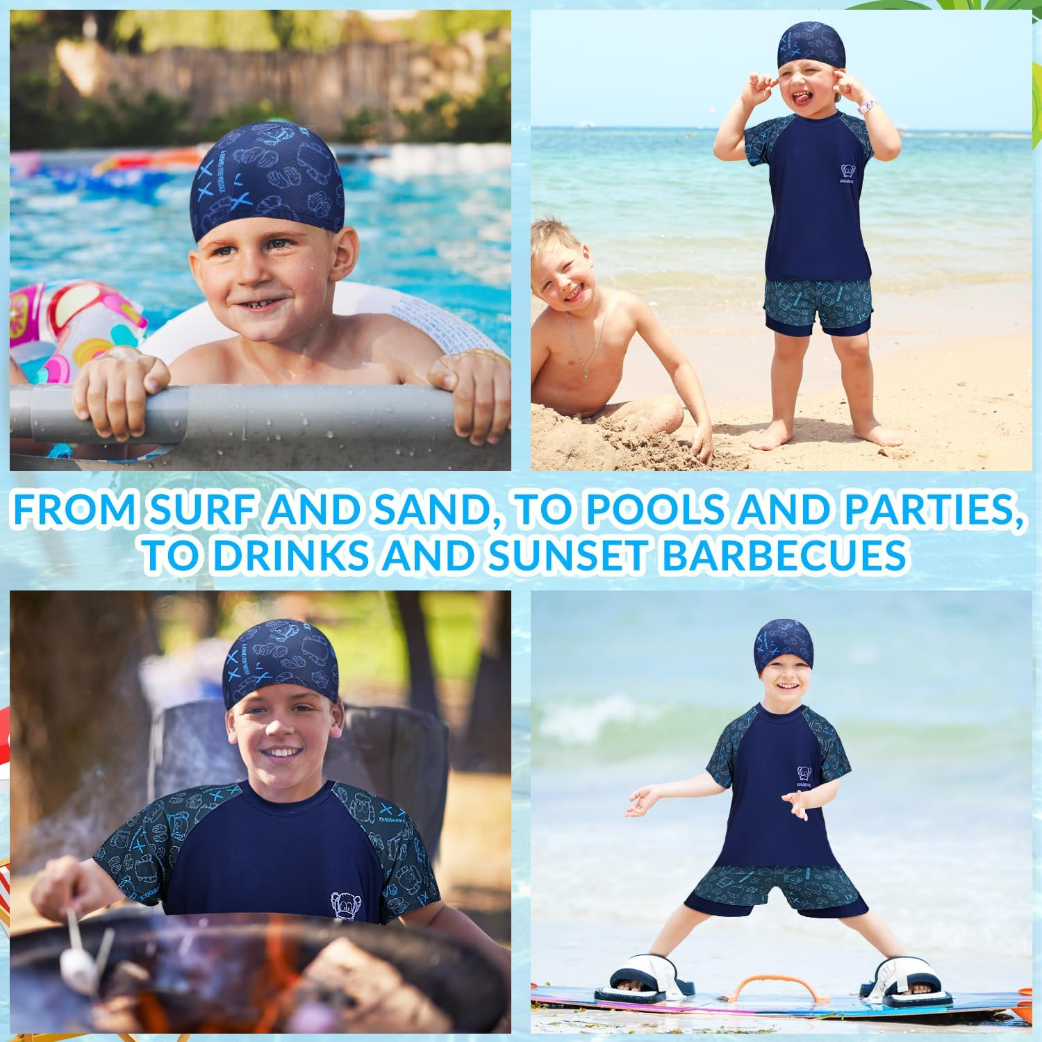 WOTOW Boys Short Sleeve Swimsuit, 3 Piece Rash Guard Swimsuit Set Short Sleeve Bathing Suit with Swimming Cap, Summer Quick Dry Swimwear for Kids Boys 4-16 Years image number 1