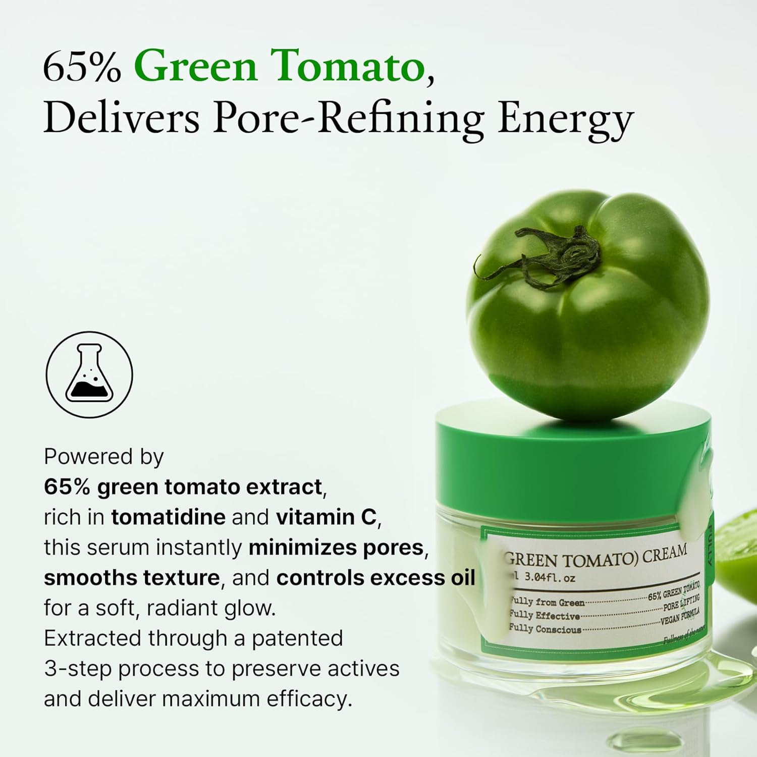 FULLY Green Tomato Facial Cream, Pore Lifting with 65% Green Tomato Extract and Vitamin C, Facial Moisturizer for Hydration and Elastcity, Fragrance Free, Vegan & Dermatologically Tested, 90Ml image number 3