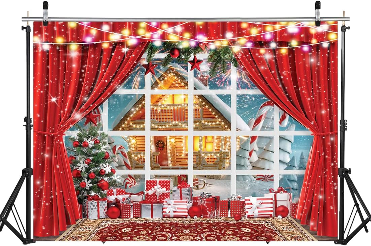 LYCGS 8X6Ft Christmas Backdrop Winter Christmas Window Photography Background Xmas Party Backdrop Xmas Tree Snow Fireworks Cartoon Christmas Photo Backdrops X-166