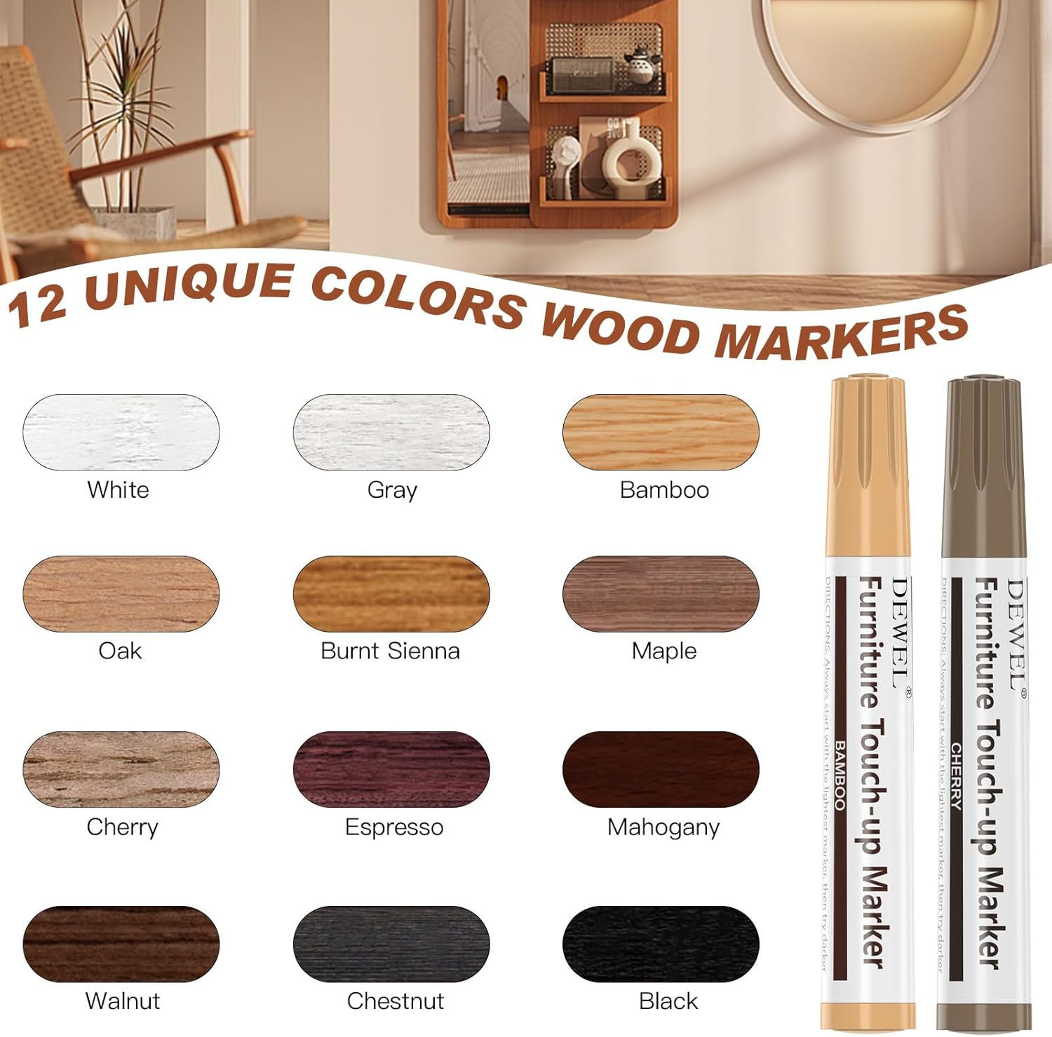 DEWEL Furniture Markers Touch up Kit, 12 Colors Wood Markers Furniture Repair, Wood Polish Wax and Wood Putty Filler, Wood Stain Pen for Scratches, Stains, Wooden Floor, Table, Cabinet, Bedpost image number 3
