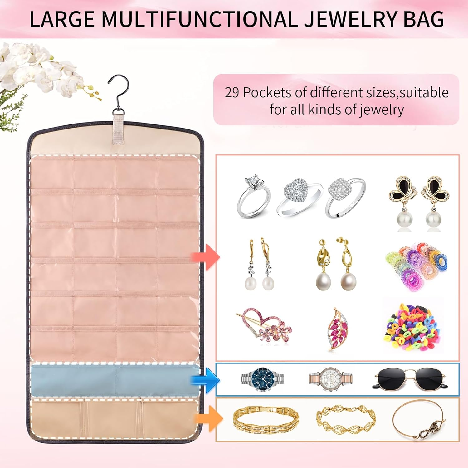 Hanging Jewelry Organizer with Rotating Metal Hook, 20 Pockets Earring Holder Organizer, Necklace Holder Anti-Tangle Earrings Rings Hanger, Double-Sided Jewelry Holder for Earrings Necklaces Ring (BK) - Pk image number 5