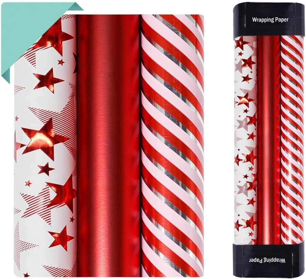 AUPOINT Kraft Wrapping Paper, 3 Rolls, 45Cm Width 3M Length Each, Classical Start Pattern,Bright Aluminum Plated Paper with No Color Difference, Mother'S Day Wedding Birthday Gift Wrapping Paper image number 2