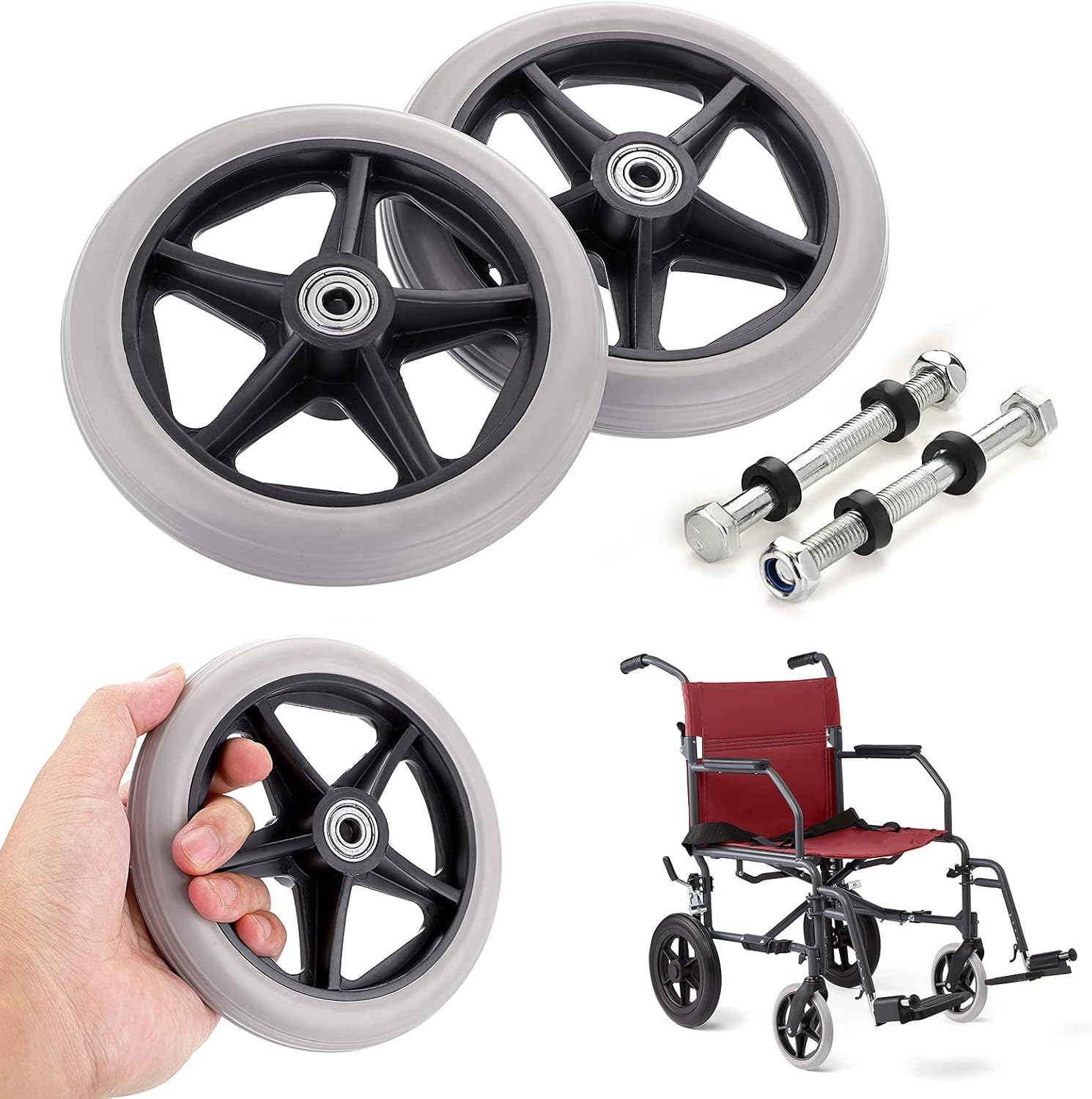 Ownmy 2PCS of 6 Inch Rubber Wheel Replacement Wheelchair Front Wheels Rollator Walker Anti-Slip Replacement Casters Rollers Wheels Universal Wheelchair Replacement Wheel Accessories, Grey image number 3