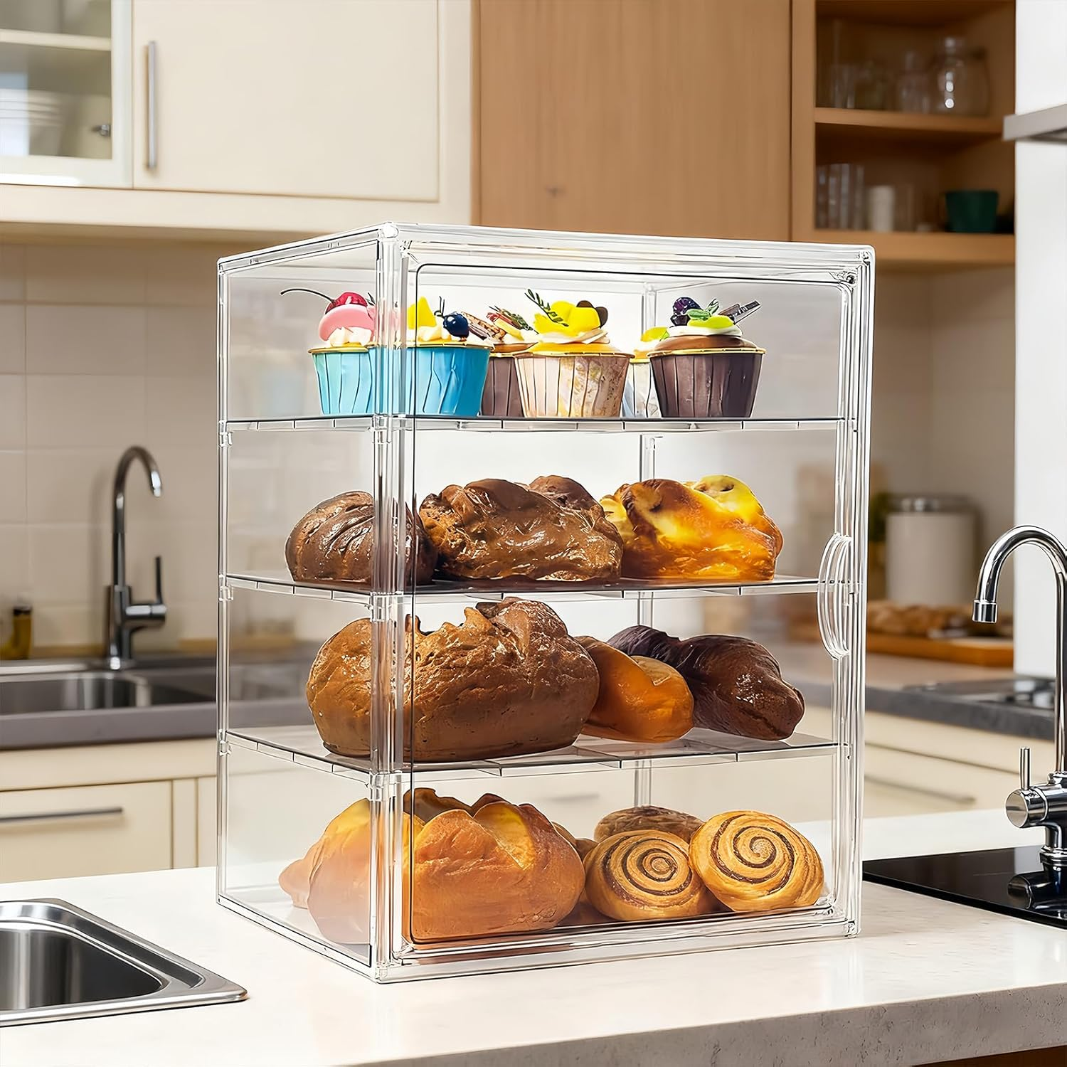 4-Tier Acrylic Pastry Display Case (40X30X25 Cm) - Adjustable Clear Bread Box with Magnetic Door, Large Capacity Bakery Storage for Kitchen Counter, Holds Breads, Muffins, Cookies, Donuts image number 3