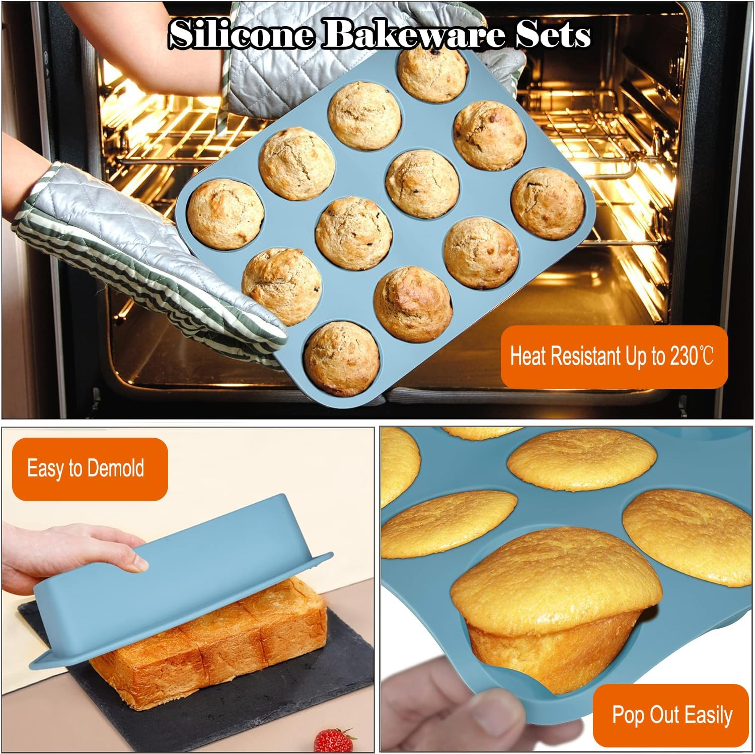 5-Piece Nonstick Silicone Bakeware Baking Set, Kitchen Bake Pans Molds Tray for Oven with BPA Free Round/Square Cake Pan, Loaf Pan, Muffin Pan for Bread Pizza Cheesecake Cupcake Pie Desserts image number 2