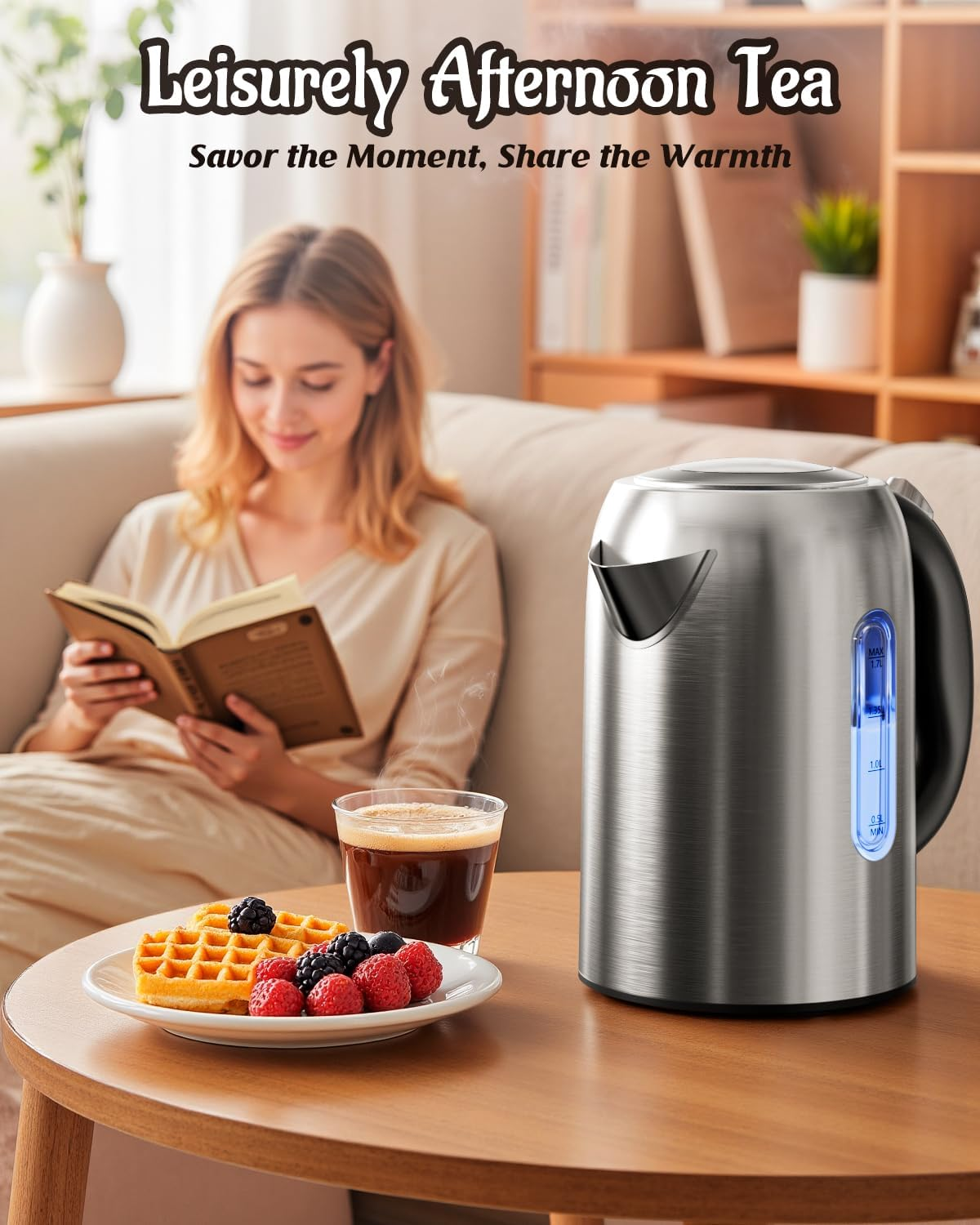 Billord Electric Kettle - 2200W Stainless Steel Kettle with No Plastic Filter & Spout, 1.7L Fast Boiling Water Kettles for Coffee & Tea with Detachable Base, Auto Shut-Off, Boil-Dry Protection