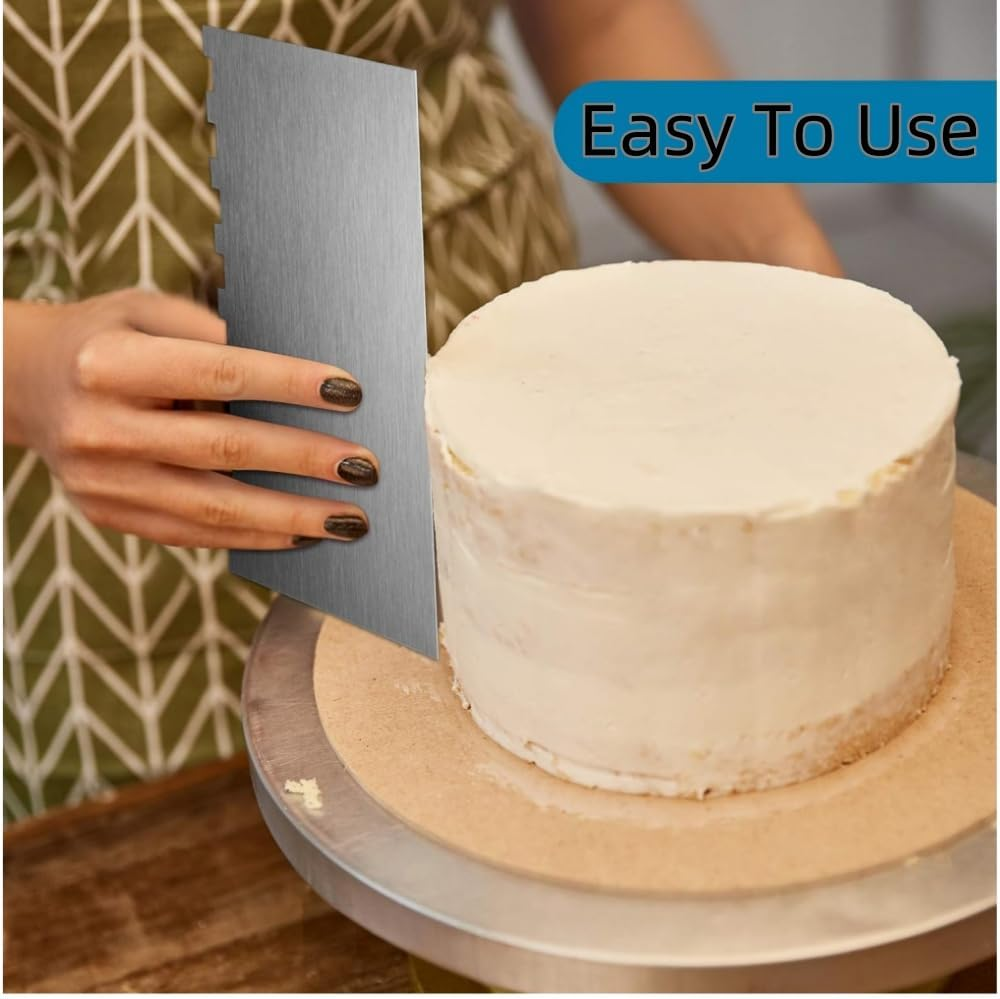 HIDOSNG 2Pcs Stainless Steel Cake Scraper with Sided Patterned Edge Stripe Edge, Pastry Baking Smoother Scraper Cake Decorating Tools for Mousse Butter Cream Cake（Silver） image number 2