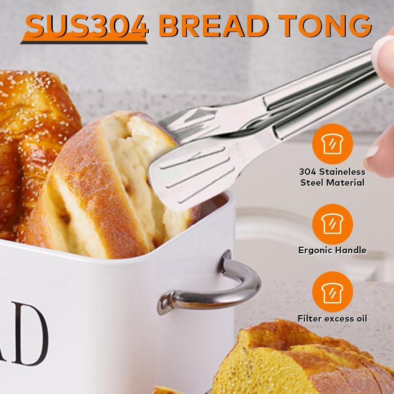 Bread Box with SUS304 Food Tong,Metal Bread Container with Air Valve&Bamboo Cutting Lid,Bread Bin with Metal Handles for Food Storage (White) image number 4