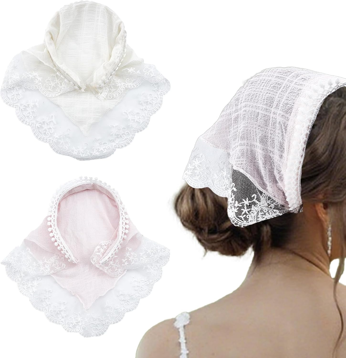 NICENEEDED 2 PCS Hair Scarf Headband, Beige Pink Triangle Lace Head Kerchief Boho Countryside Head Coverings, Non Slip Hairs Accessories for Women Taking Photo image number 6